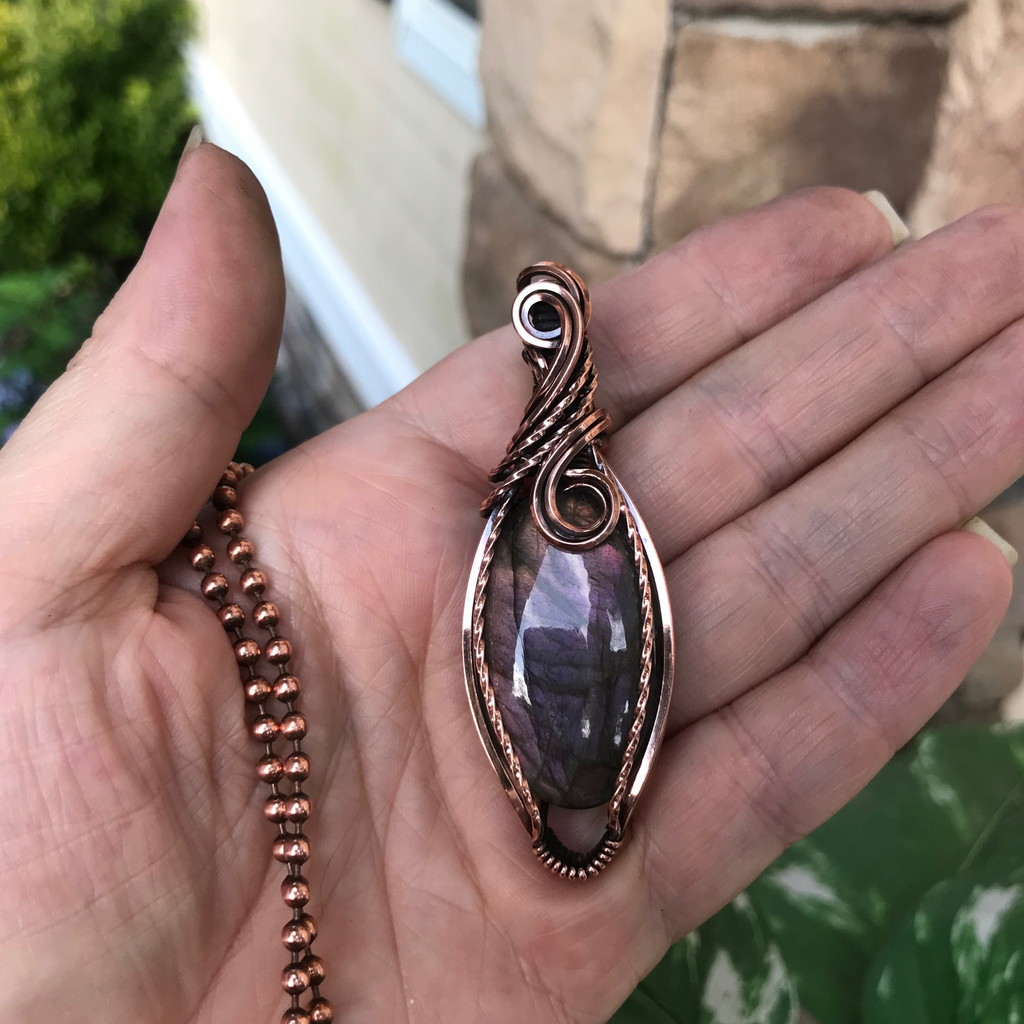 purple amber labradorite wire wrapped copper pendant necklace moonlet jewelry