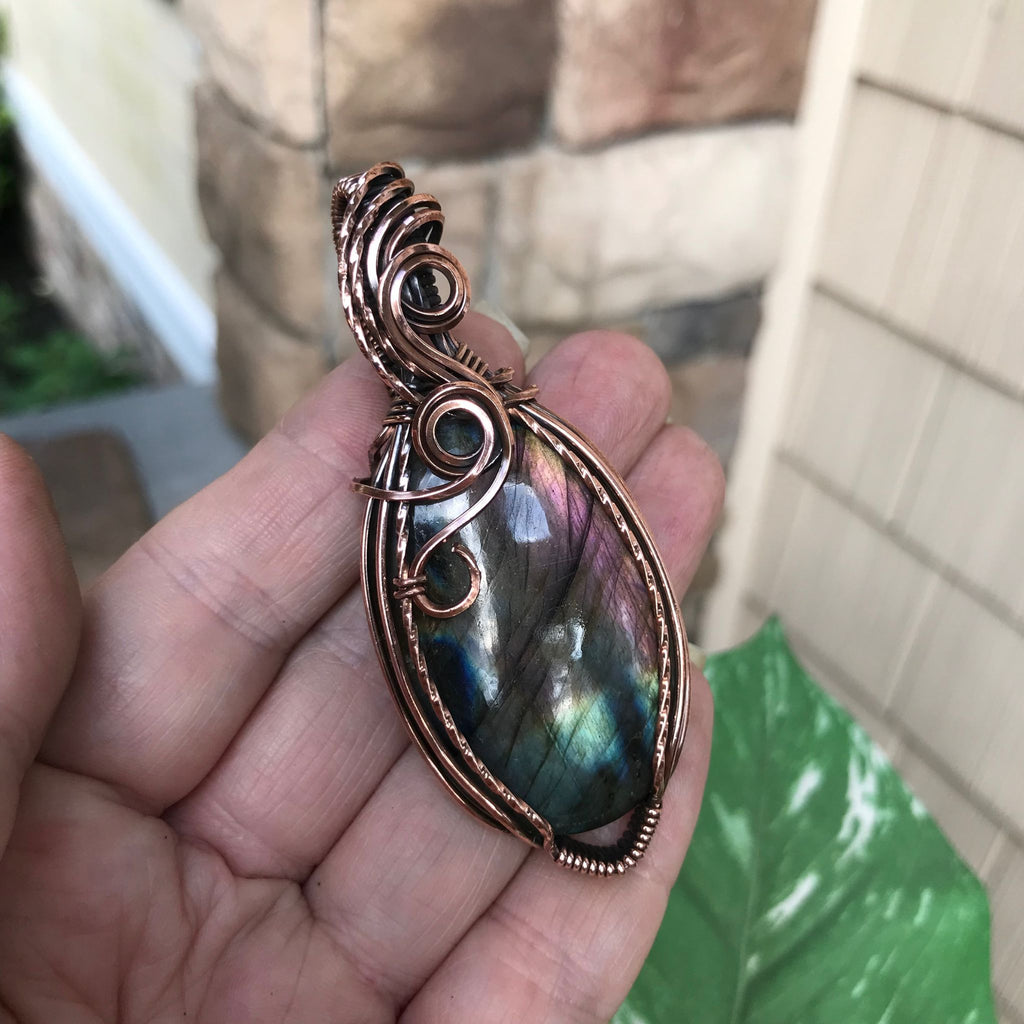 purple amber green labradorite copper swirly pendant