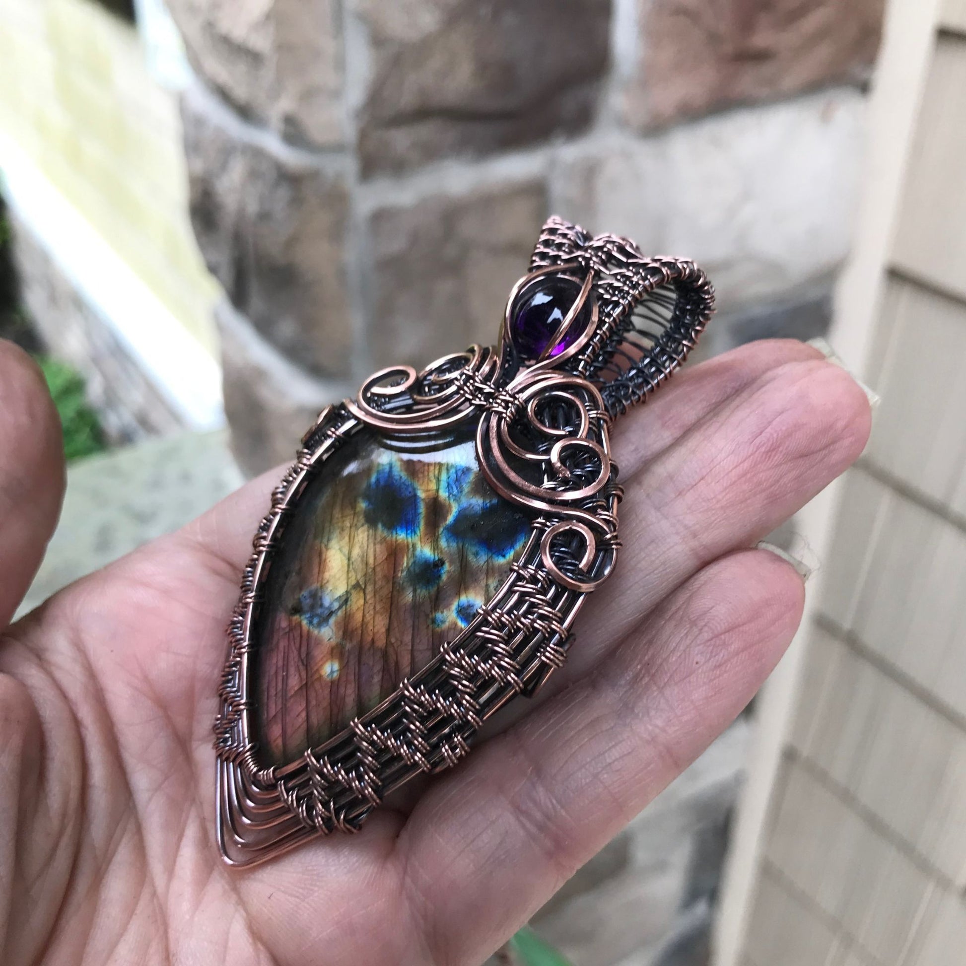 Purple Amber Labradorite & Amethyst Woven Copper Pendant