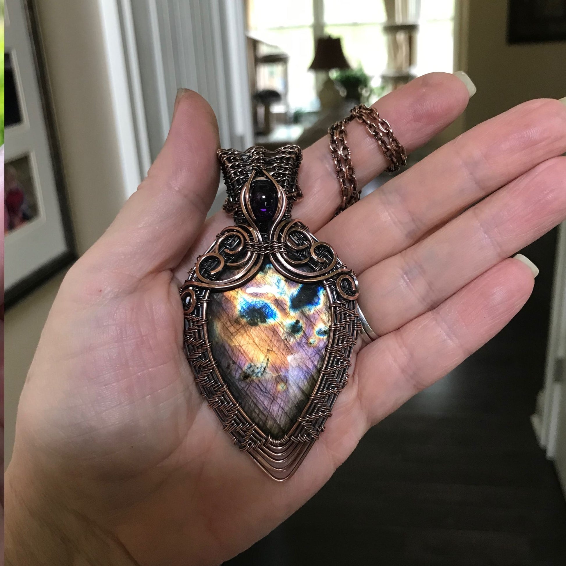 Purple Amber Labradorite & Amethyst Woven Copper Pendant