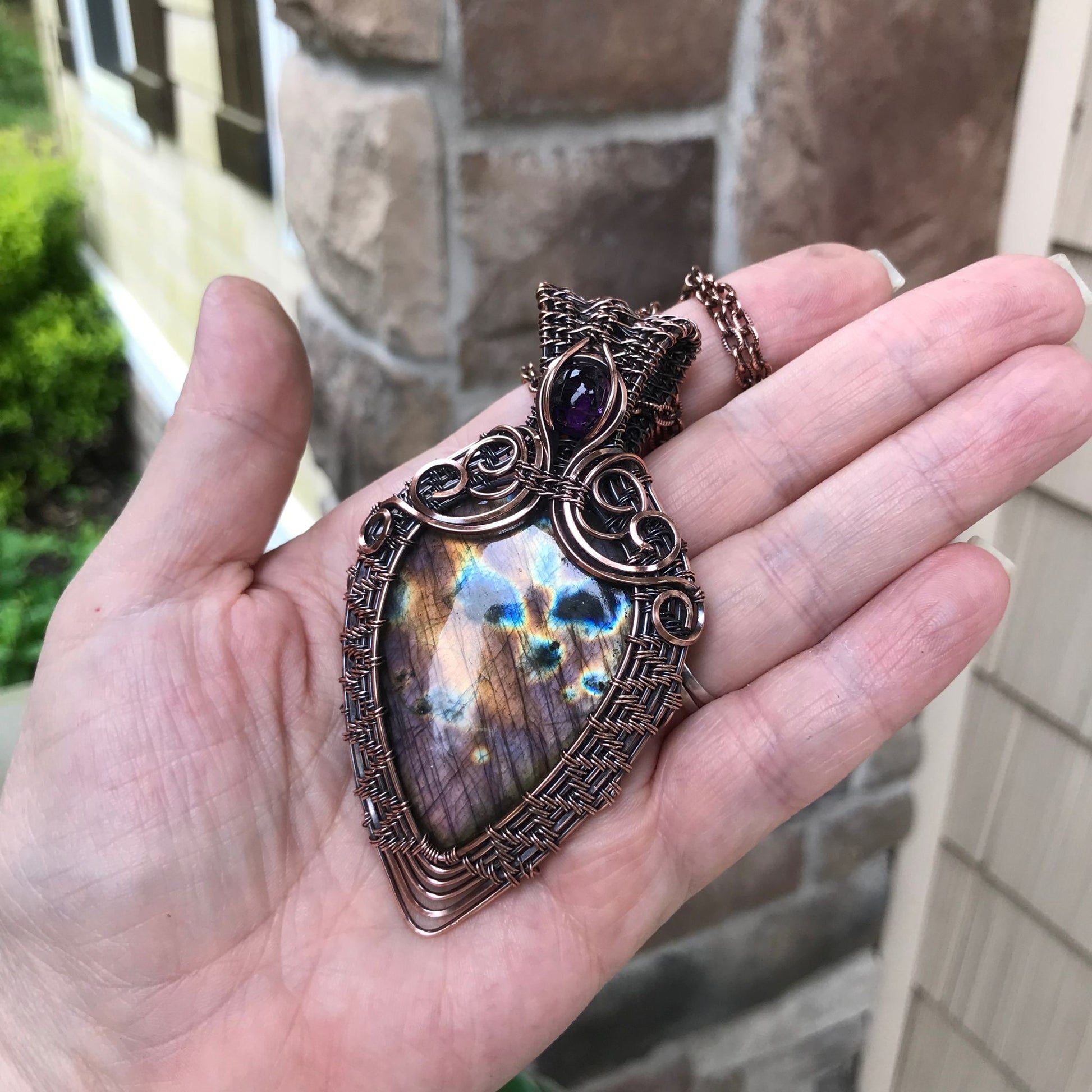 Purple Amber Labradorite & Amethyst Woven Copper Pendant