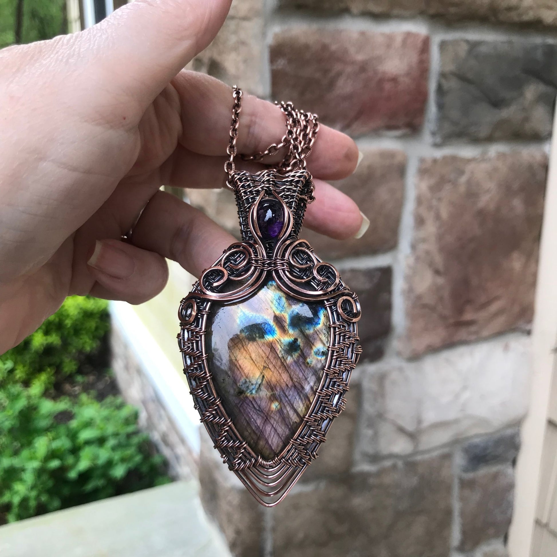 Purple Amber Labradorite & Amethyst Woven Copper Pendant