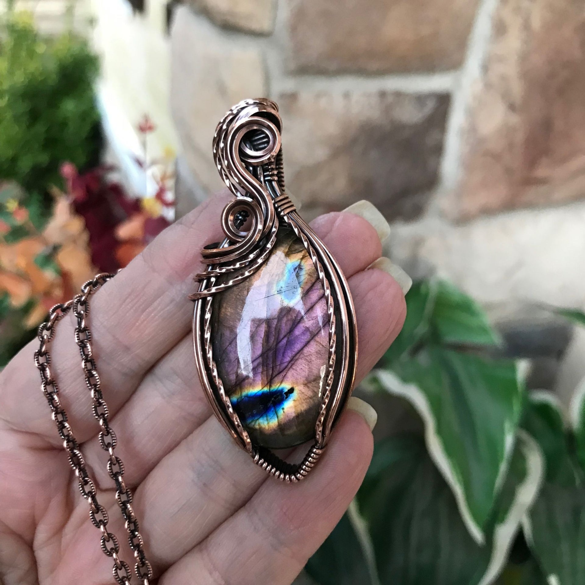 Eve - Orange and Pink Labradorite Serpent and Rainbow Obsidian  Electroformed Copper Necklace