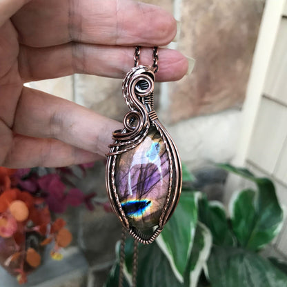 pink purple amber labradorite oval copper necklace