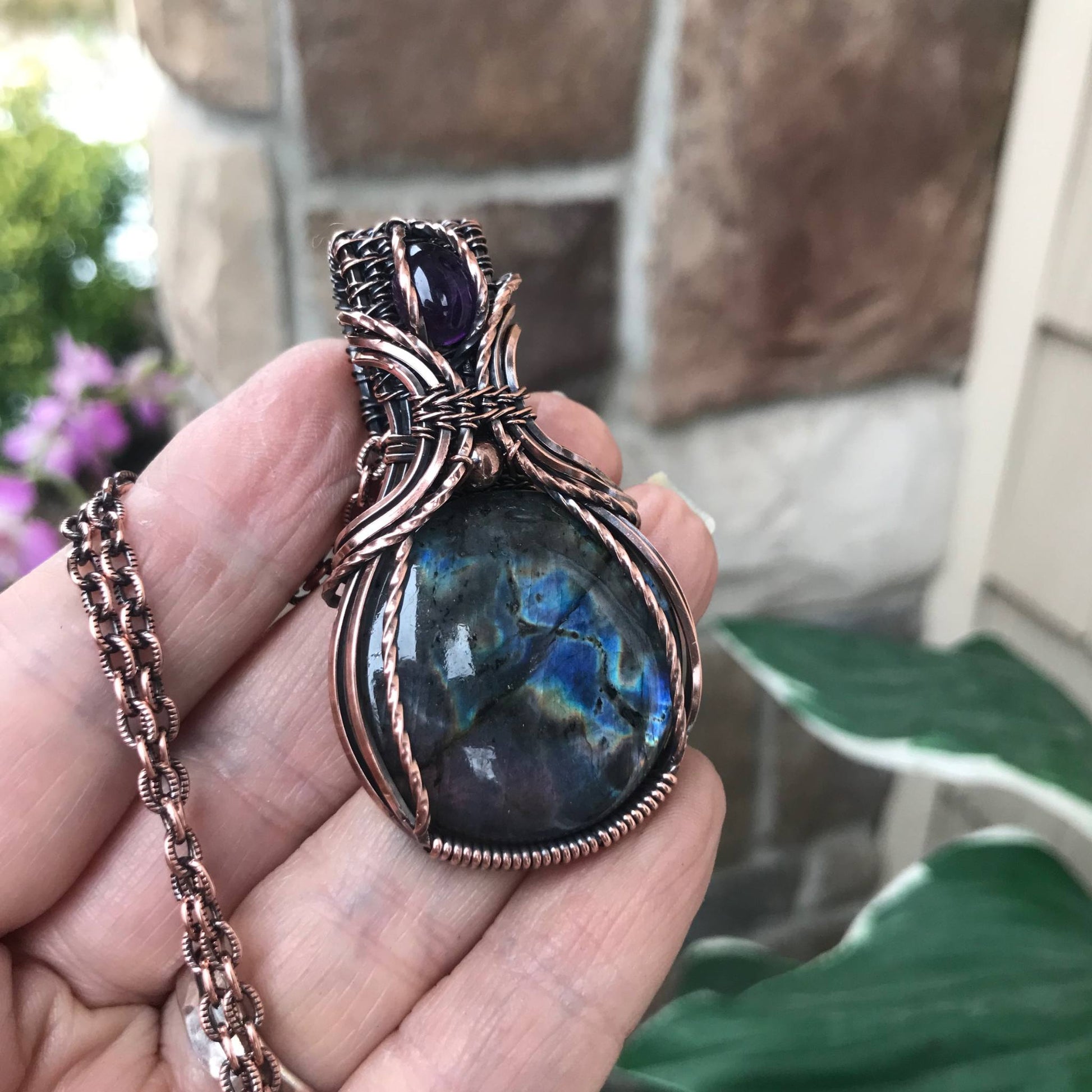 Purple Blue Labradorite & Amethyst Copper Necklace with Woven Bail