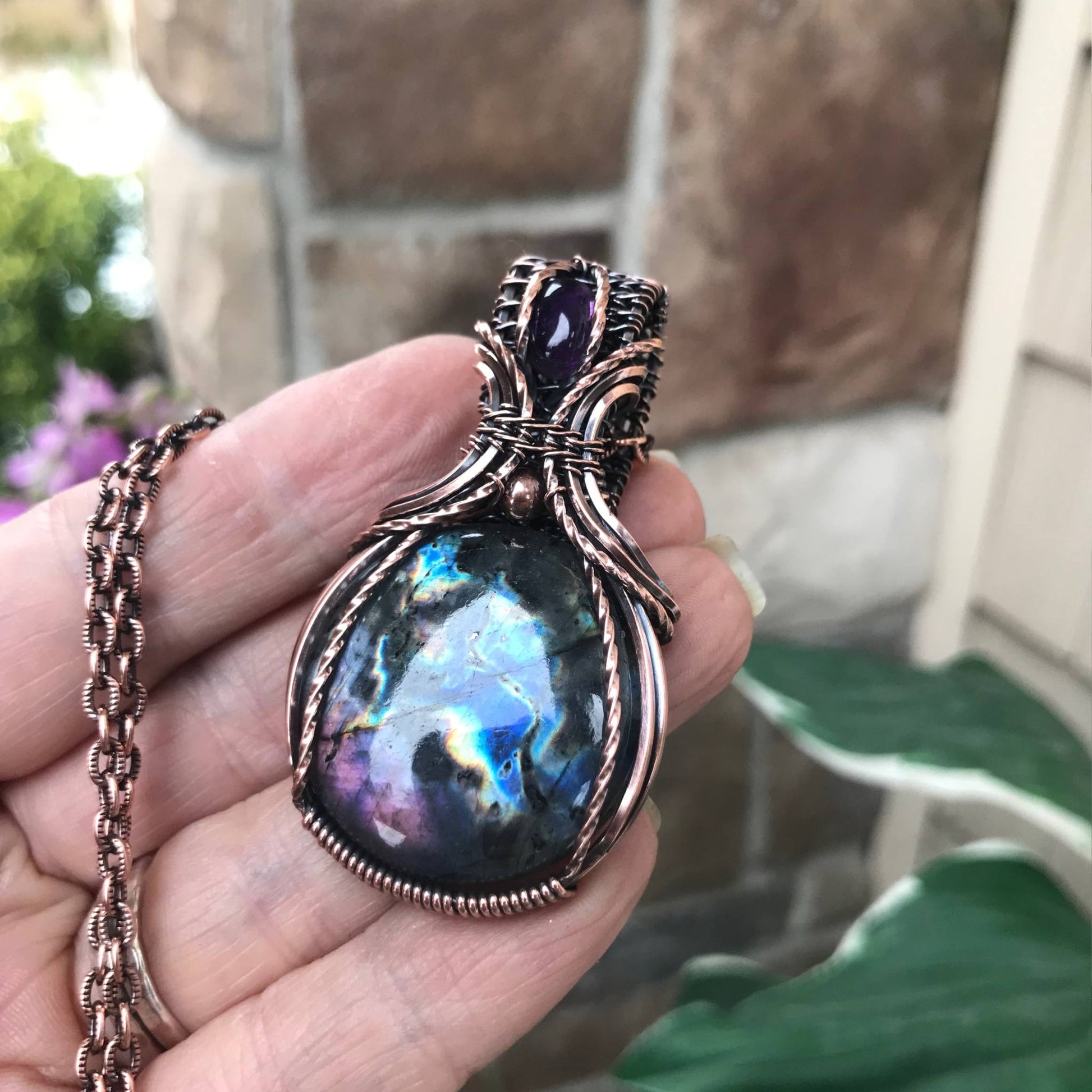 Purple Blue Labradorite & Amethyst Copper Necklace with Woven Bail