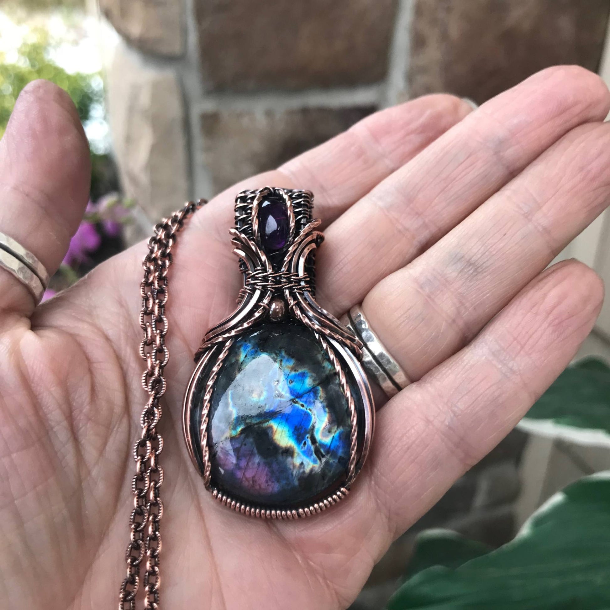 Purple Blue Labradorite & Amethyst Copper Necklace with Woven Bail