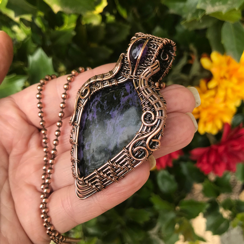 charoite amethyst wire wrapped woven copper pendant moonlet jewelry