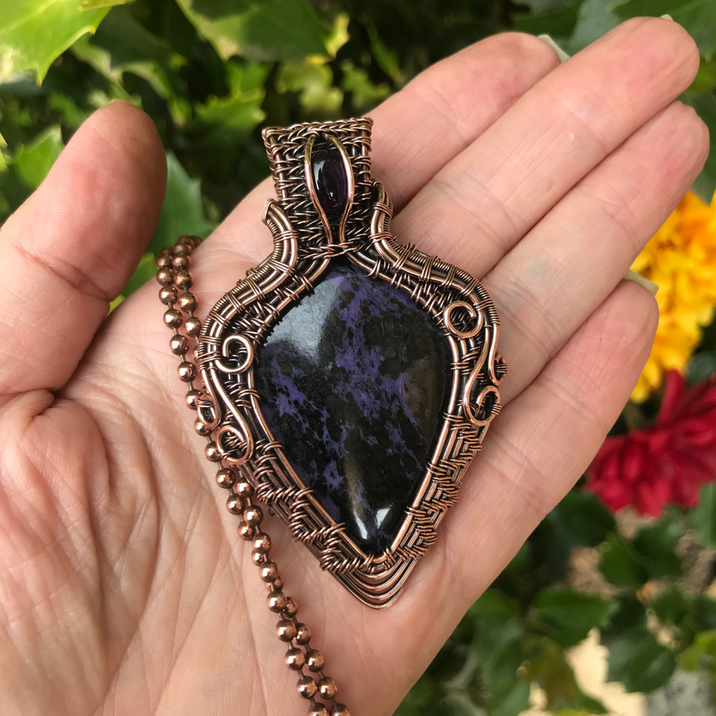 charoite amethyst wire wrapped woven copper pendant moonlet jewelry