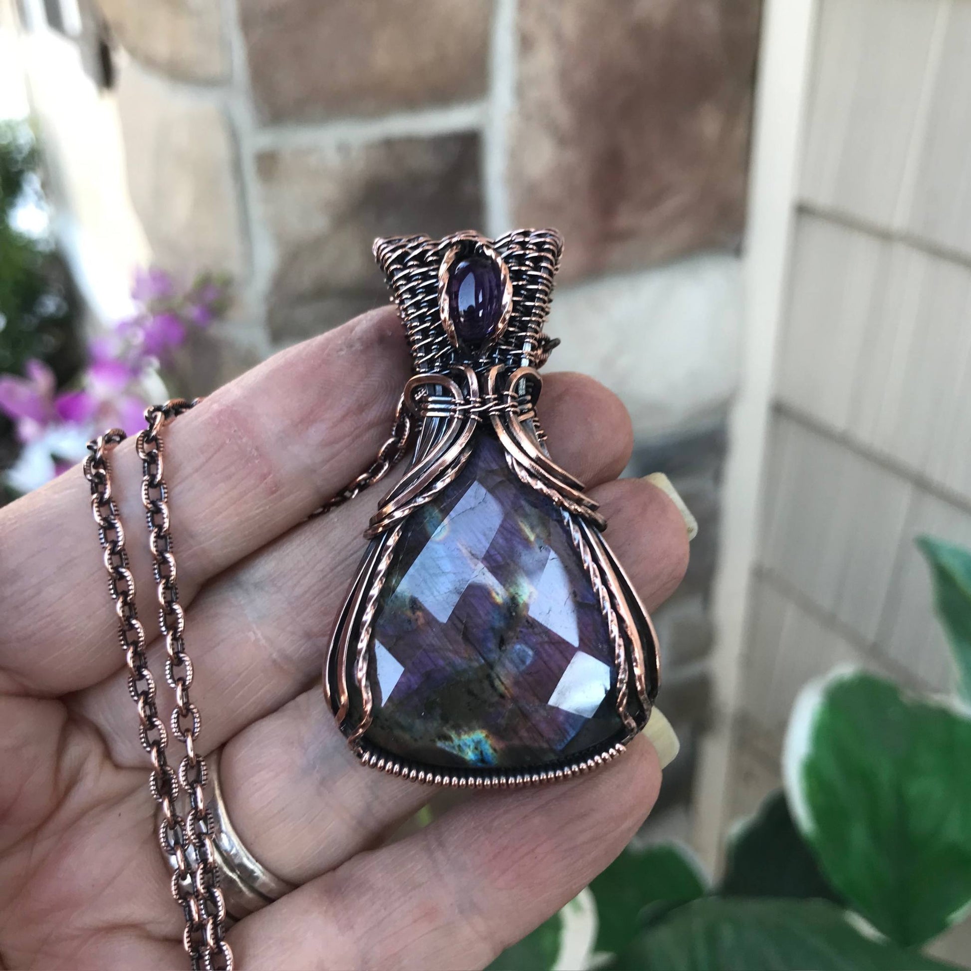 Faceted Purple Labradorite & Amethyst Copper Necklace with Woven Bail