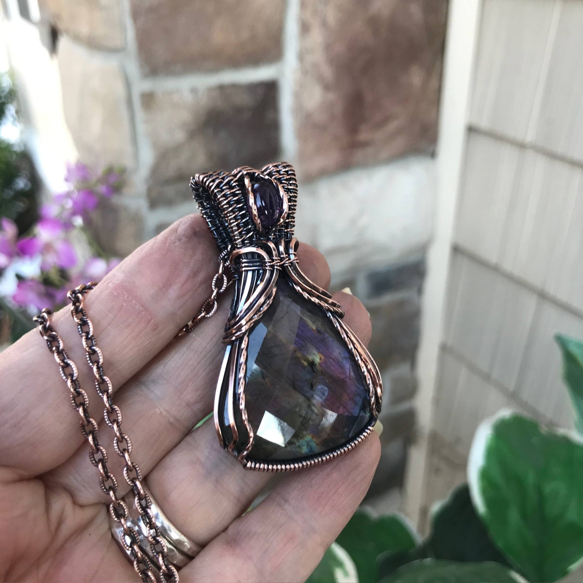 Faceted Purple Labradorite & Amethyst Copper Necklace with Woven Bail