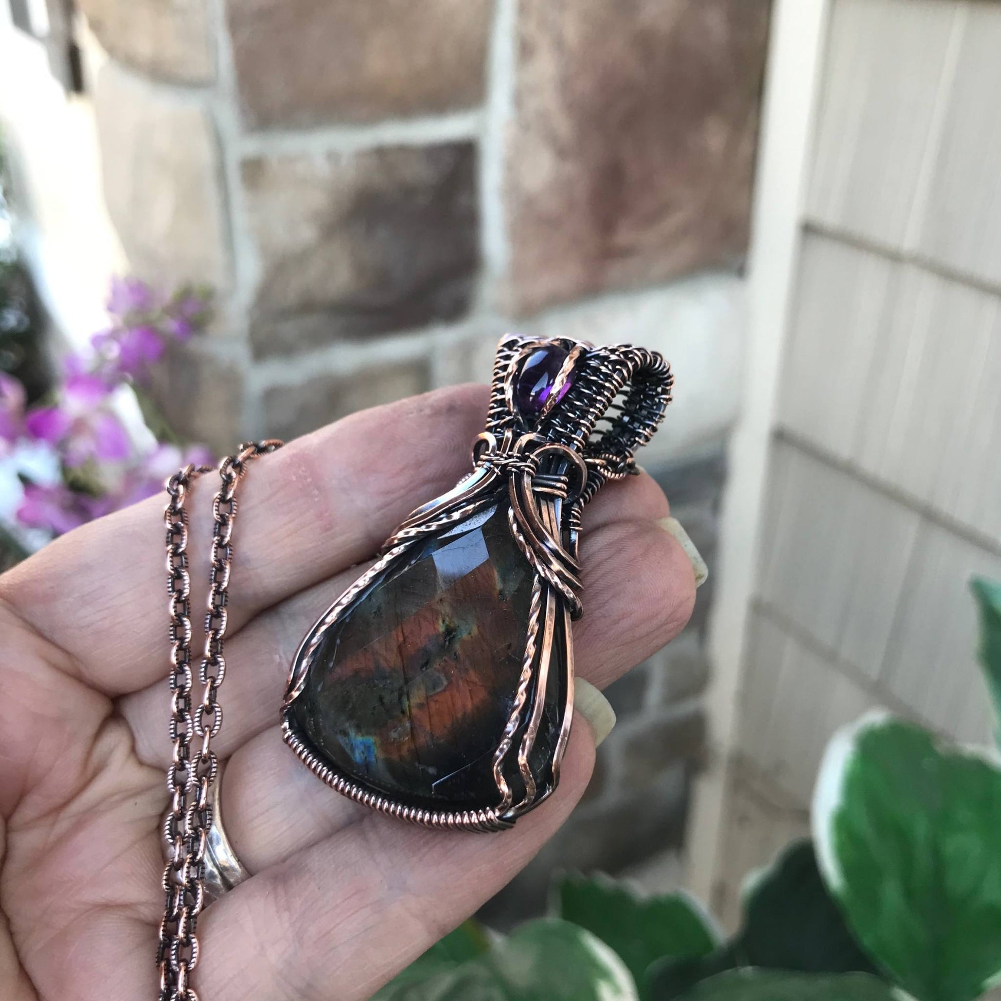 Faceted Purple Labradorite & Amethyst Copper Necklace with Woven Bail