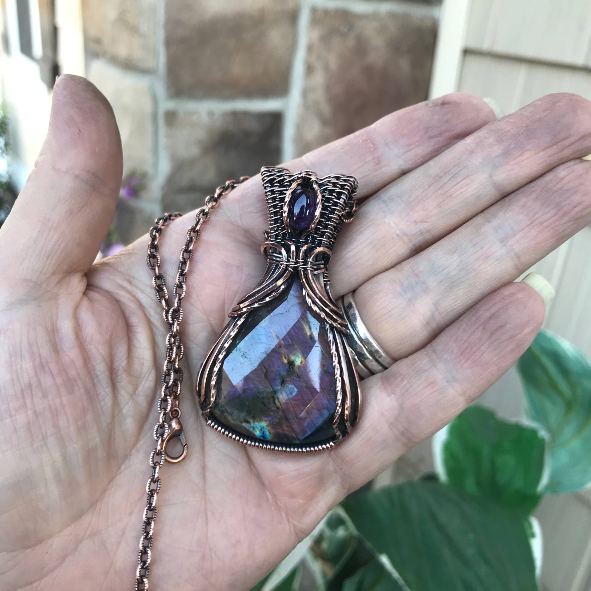 Faceted Purple Labradorite & Amethyst Copper Necklace with Woven Bail