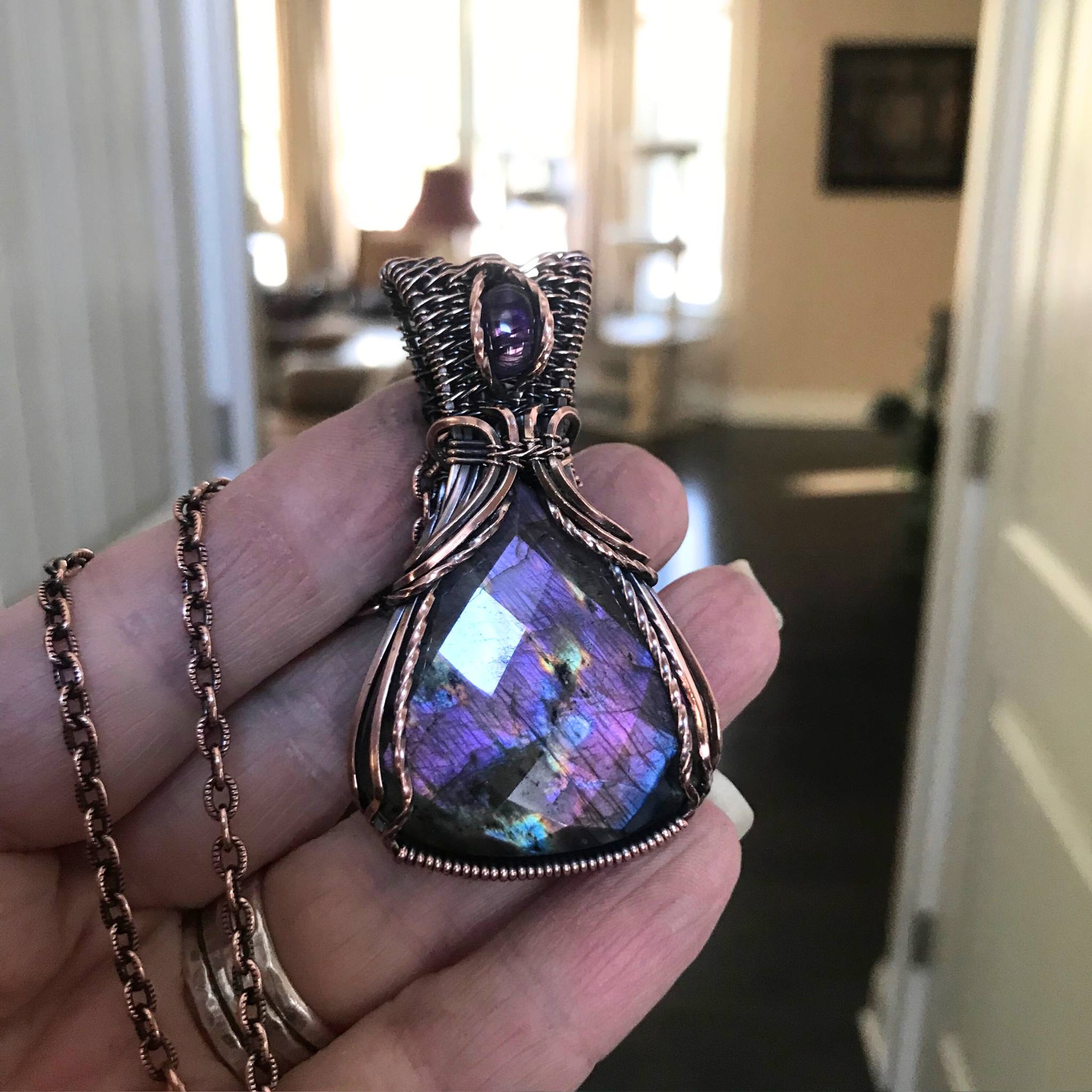 Faceted Purple Labradorite & Amethyst Copper Necklace with Woven Bail