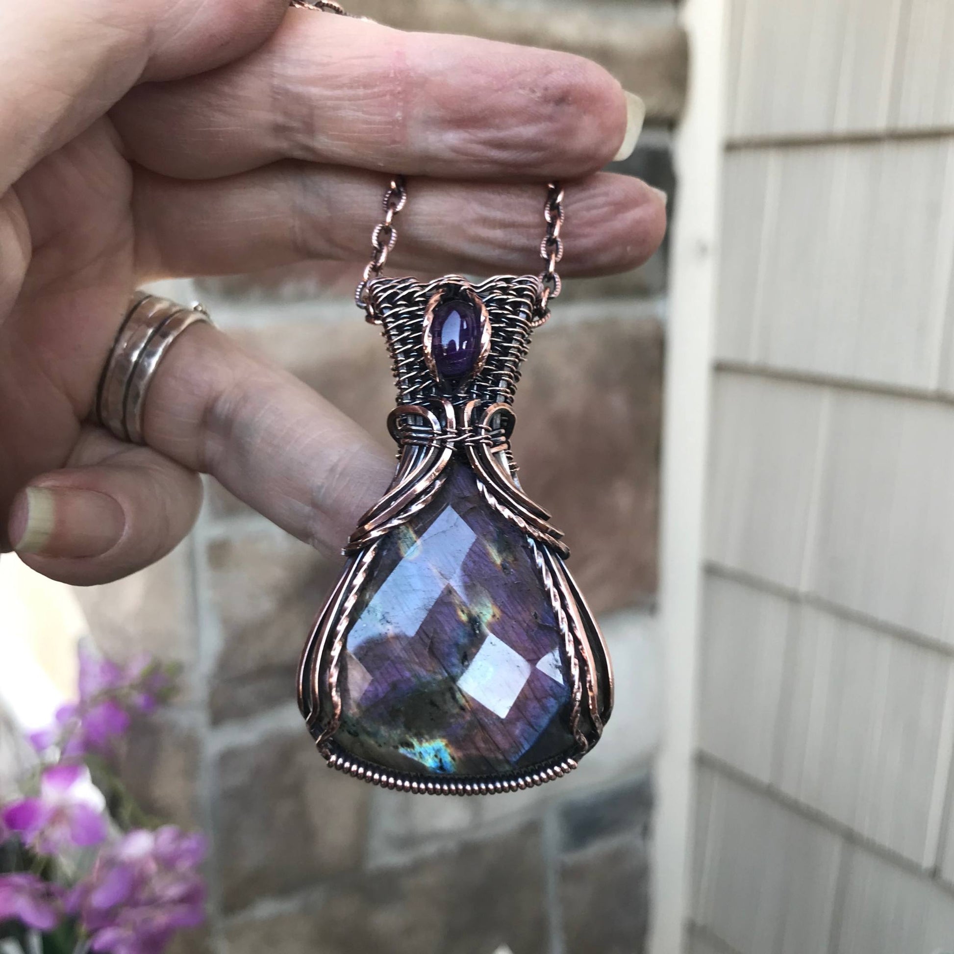 Faceted Purple Labradorite & Amethyst Copper Necklace with Woven Bail