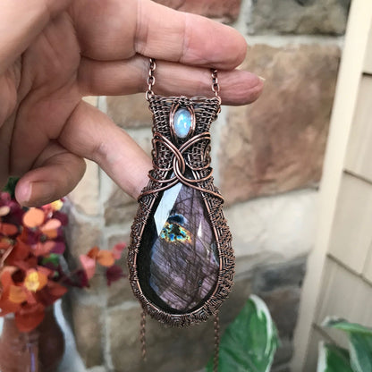 purple faceted labradorite moonstone wire weave copper pendant