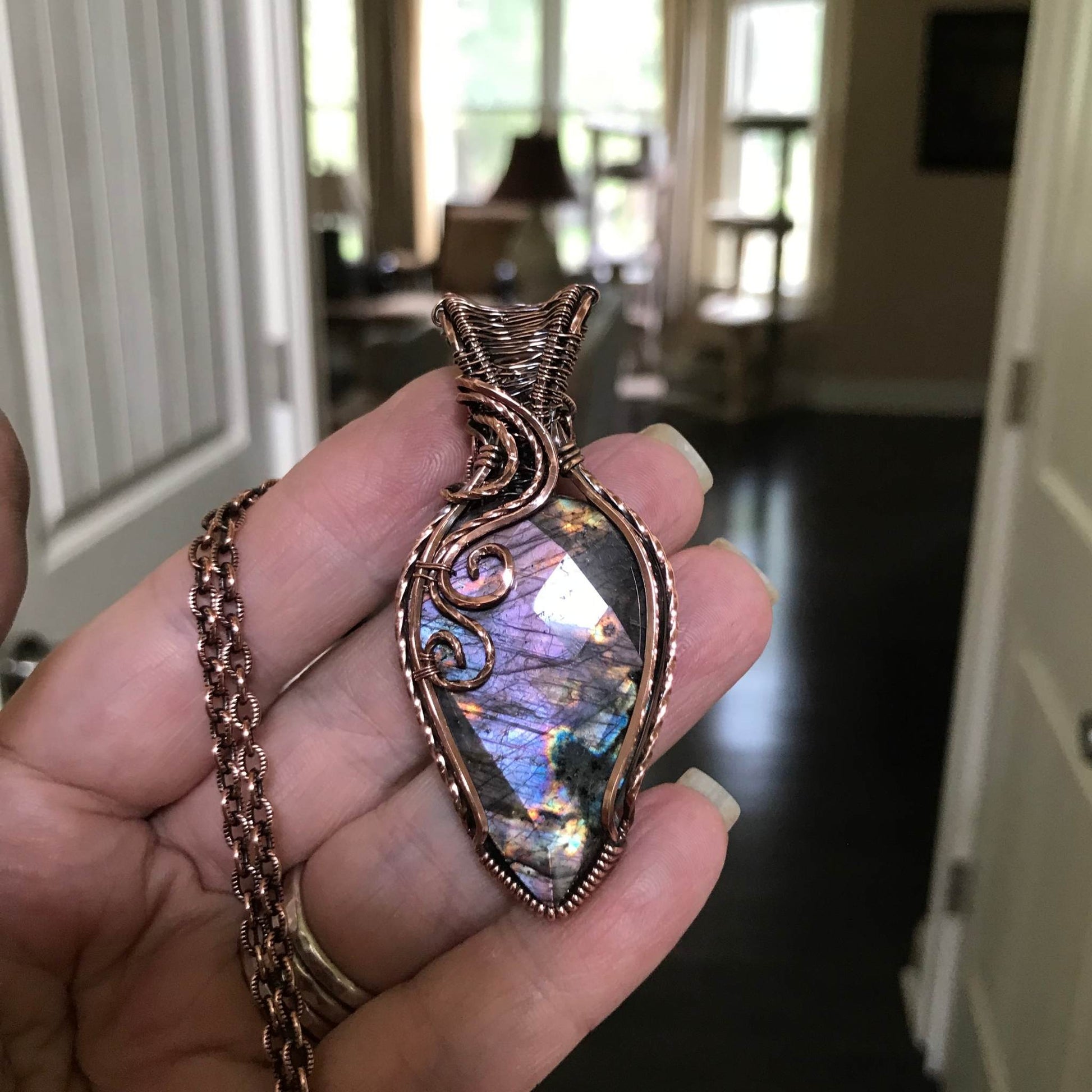Purple faceted labradorite with woven bail copper pendant by Moonlet Jewelry