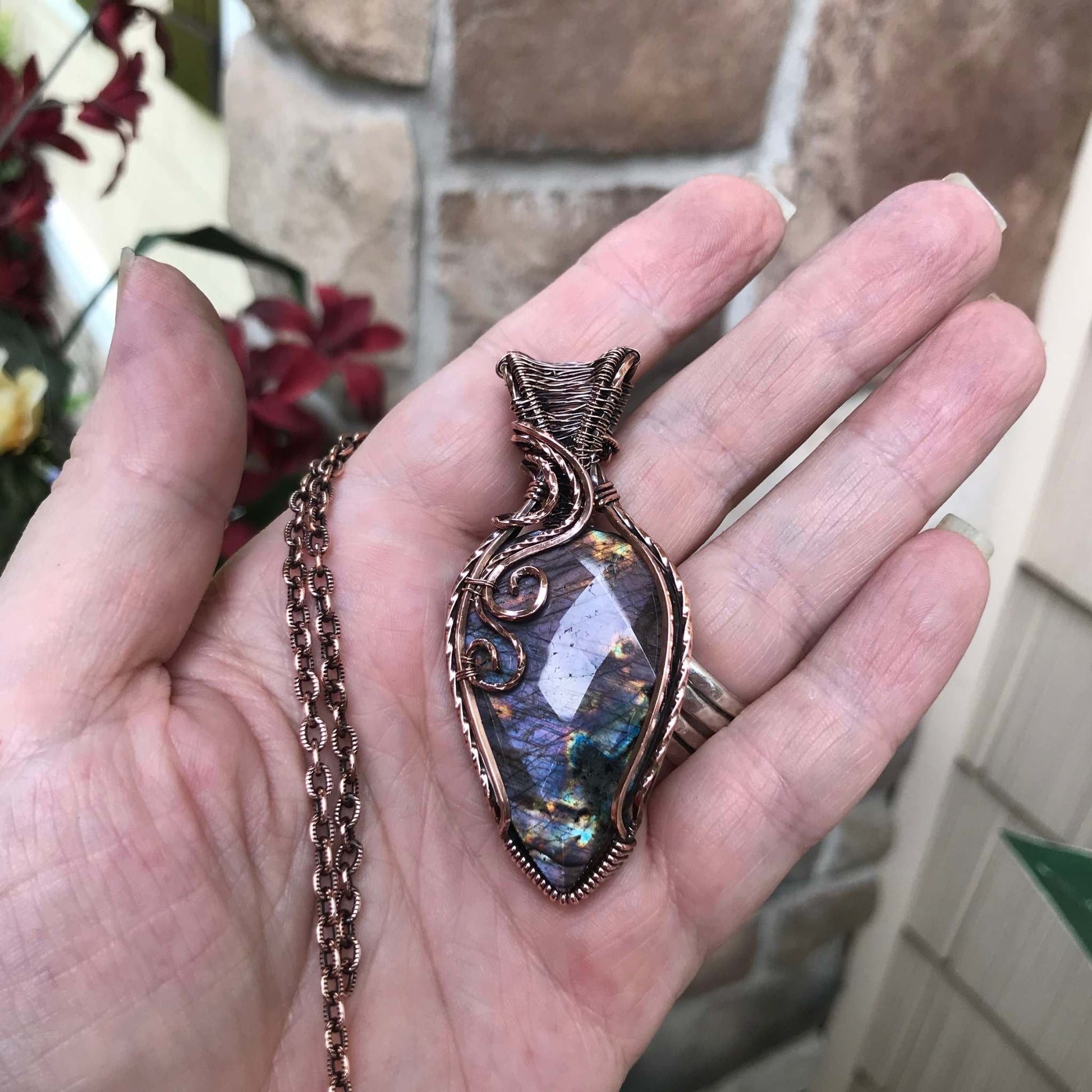 Purple faceted labradorite with woven bail copper pendant by Moonlet Jewelry