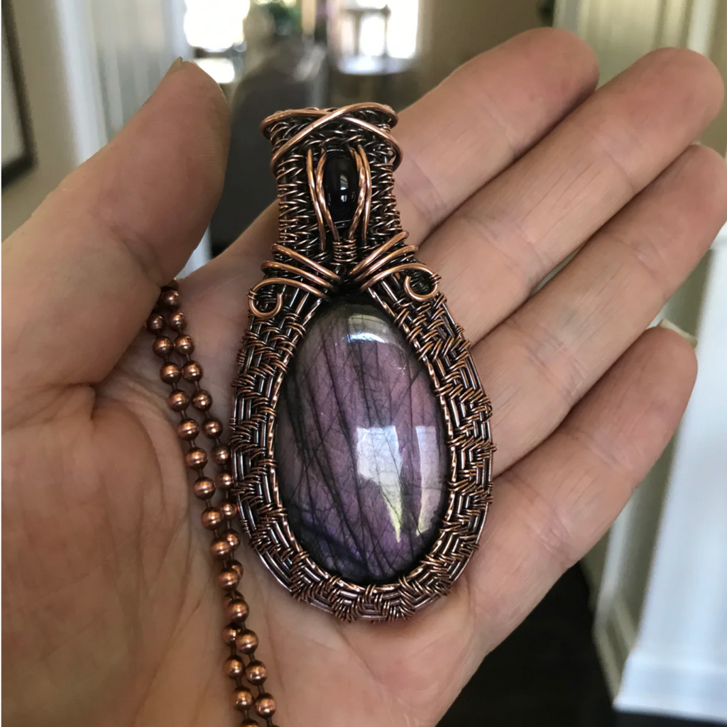 purple labradorite amethyst copper wire wrapped woven pendant
