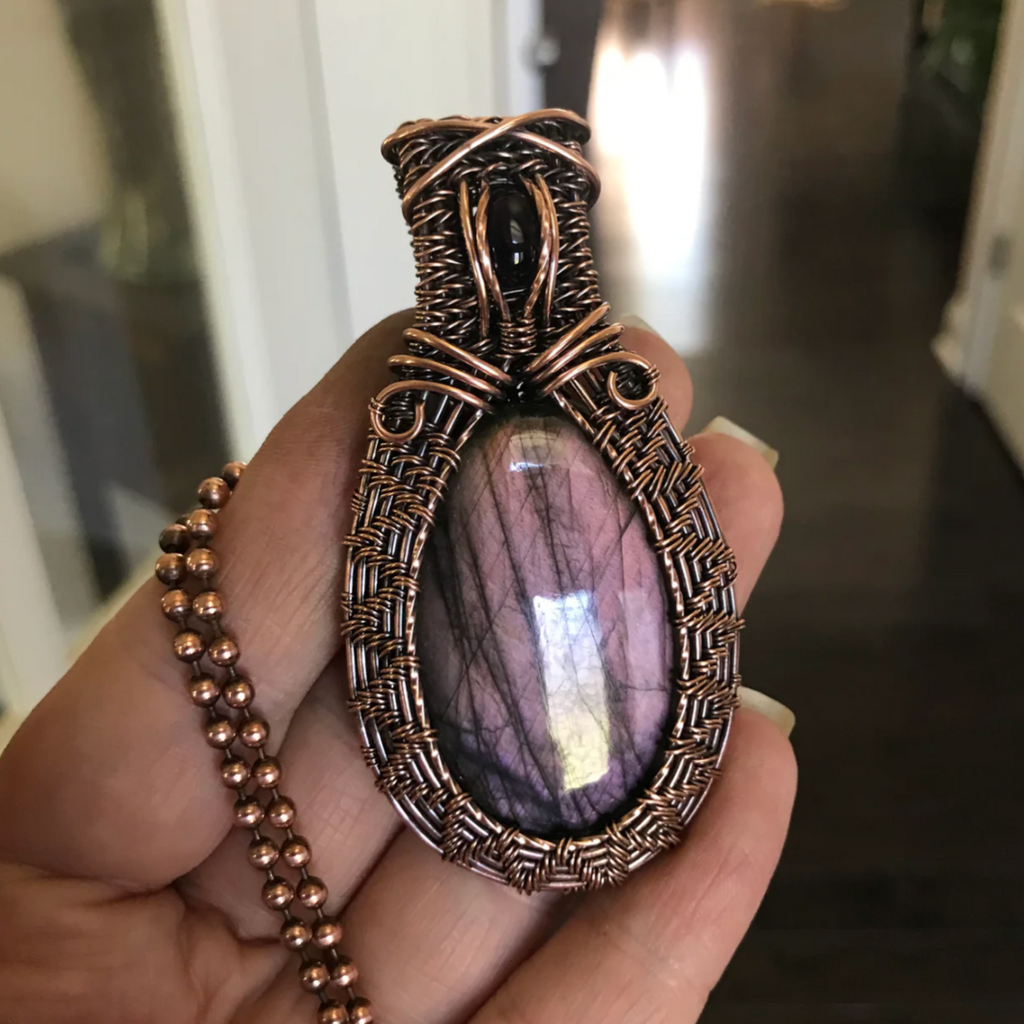 purple labradorite amethyst copper wire wrapped woven pendant