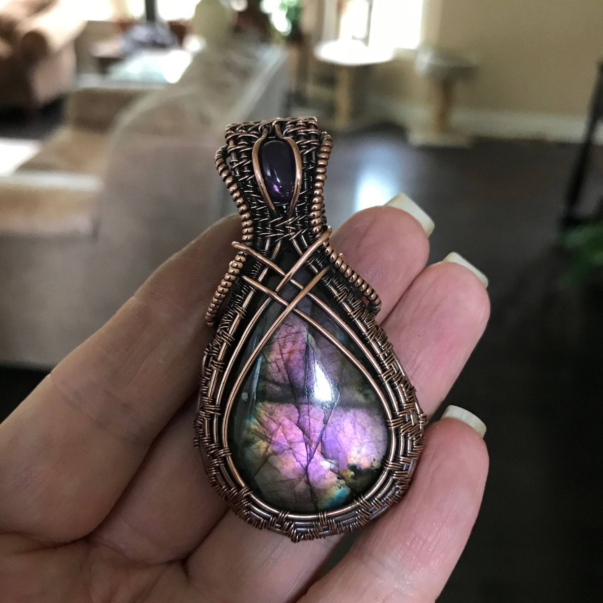 purple labradorite & amethyst criss cross wire weave necklace moonlet jewelry