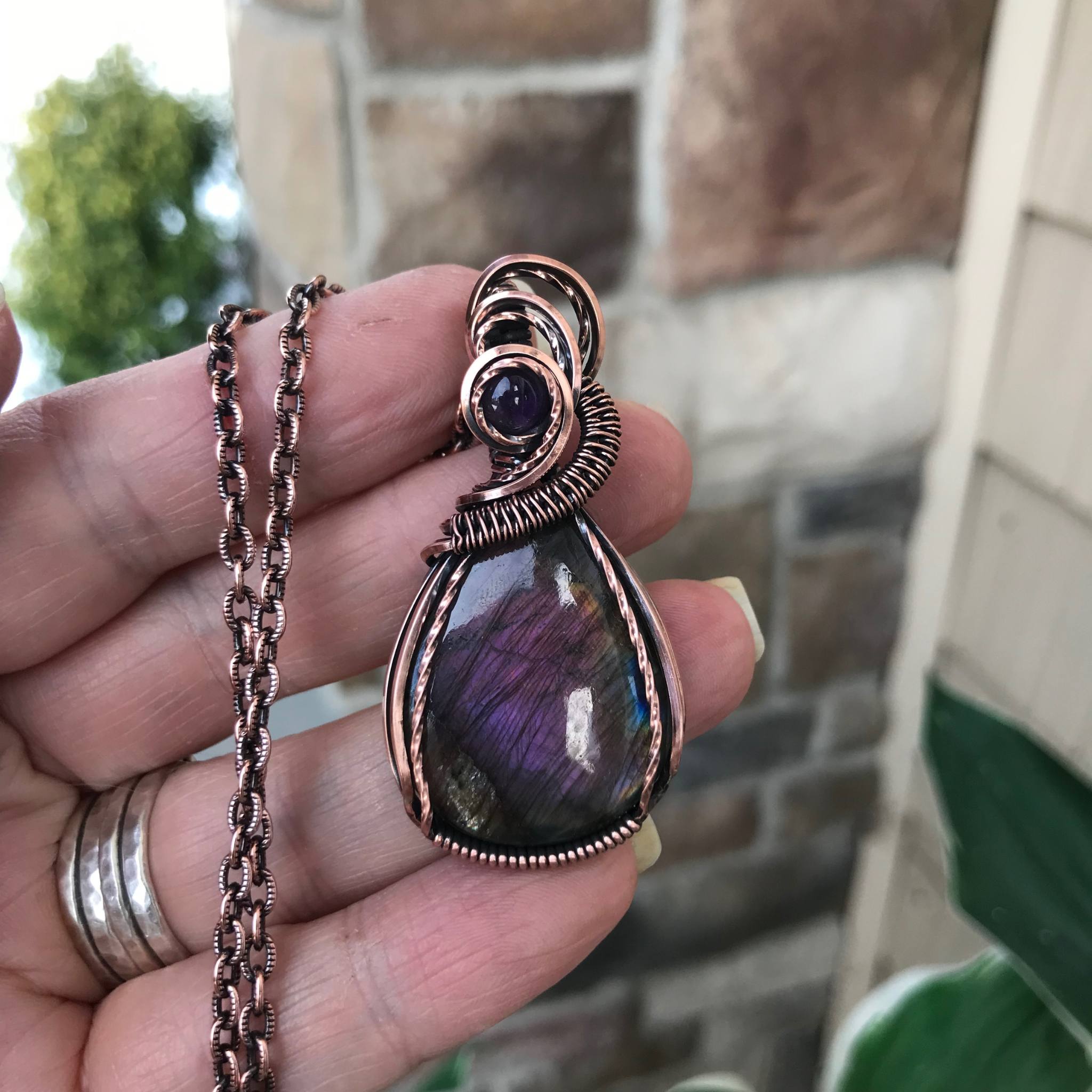 Purple Labradorite & Amethyst Copper Pendant with Weaving