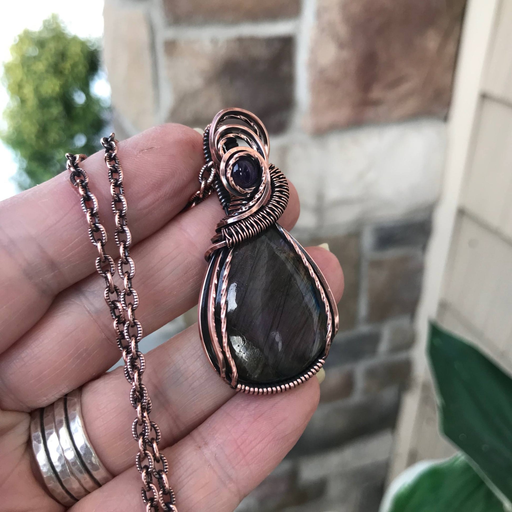 Purple Labradorite & Amethyst Copper Pendant with Weaving