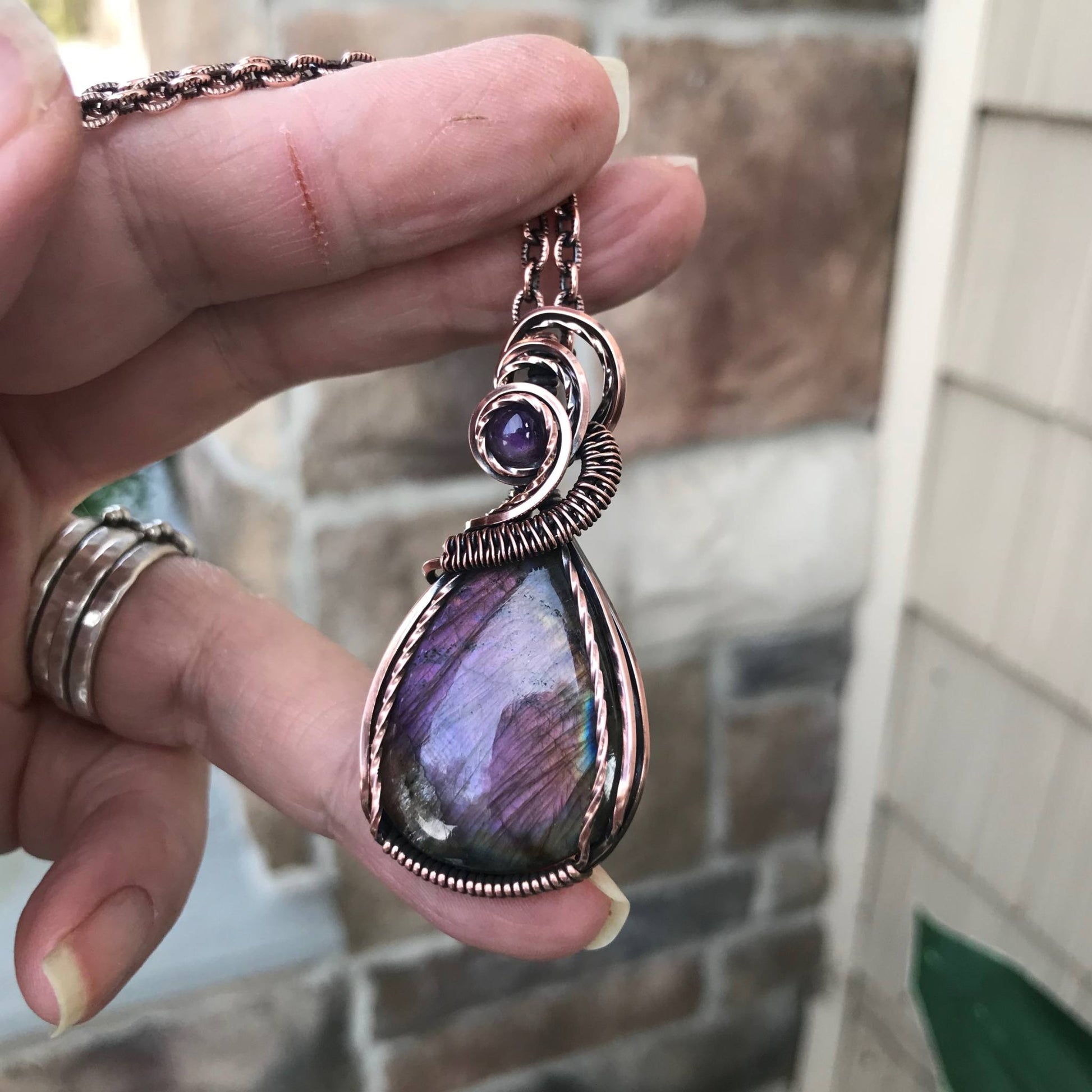 Purple Labradorite & Amethyst Copper Pendant with Weaving