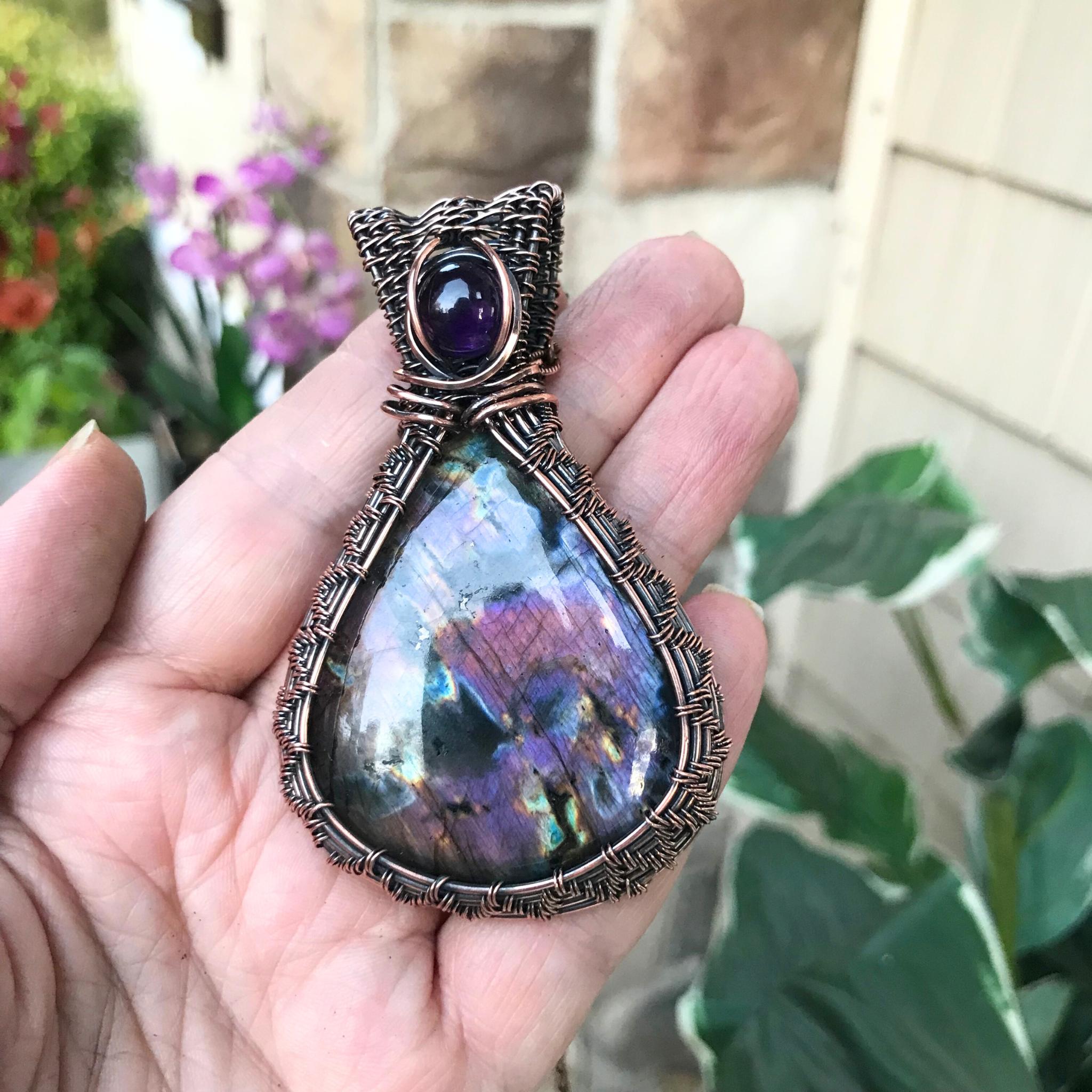 Purple Pink Labradorite & Amethyst Copper Woven Pendant