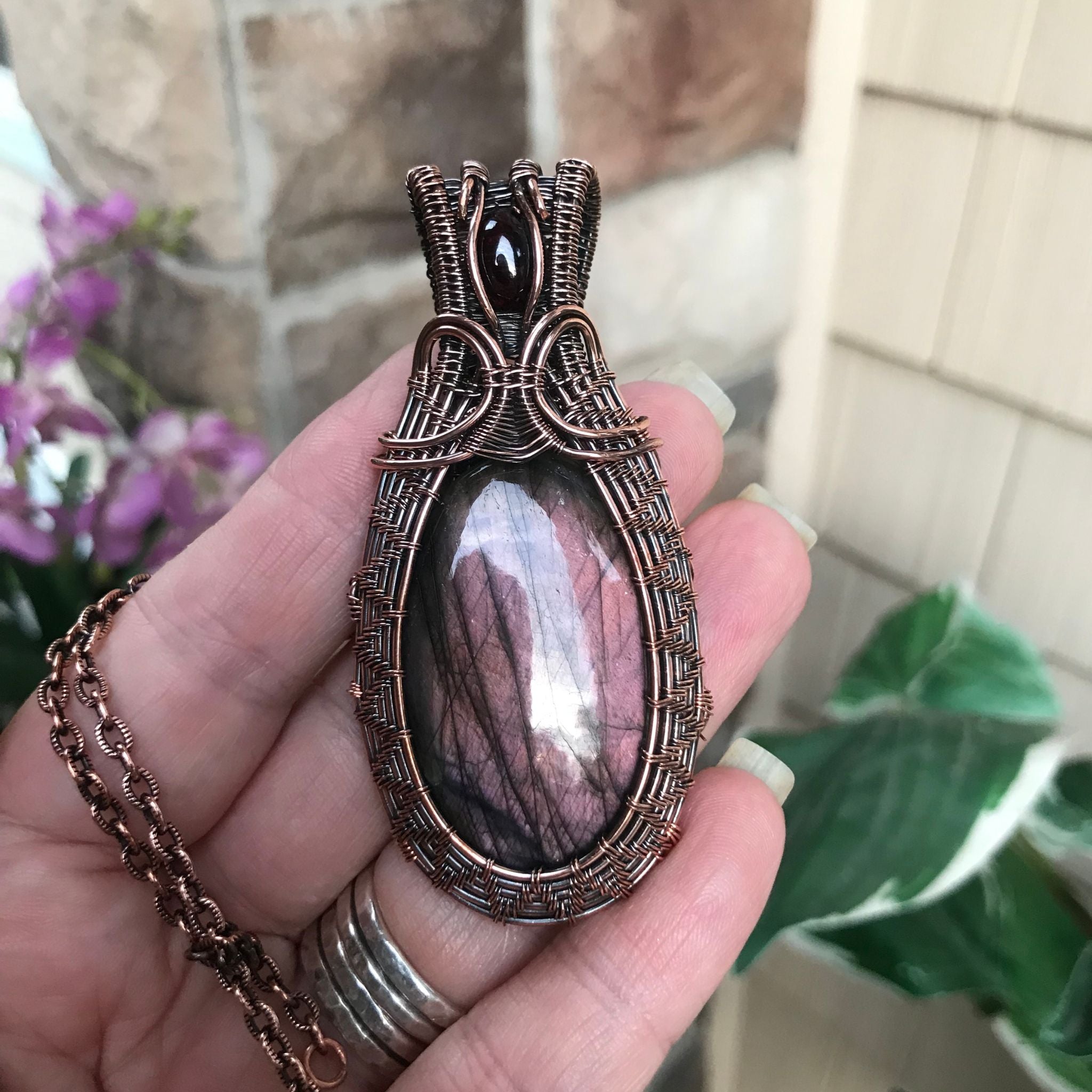Purple mauve labradorite copper wire weave woven pendant with garnet by Moonlet Jewelry