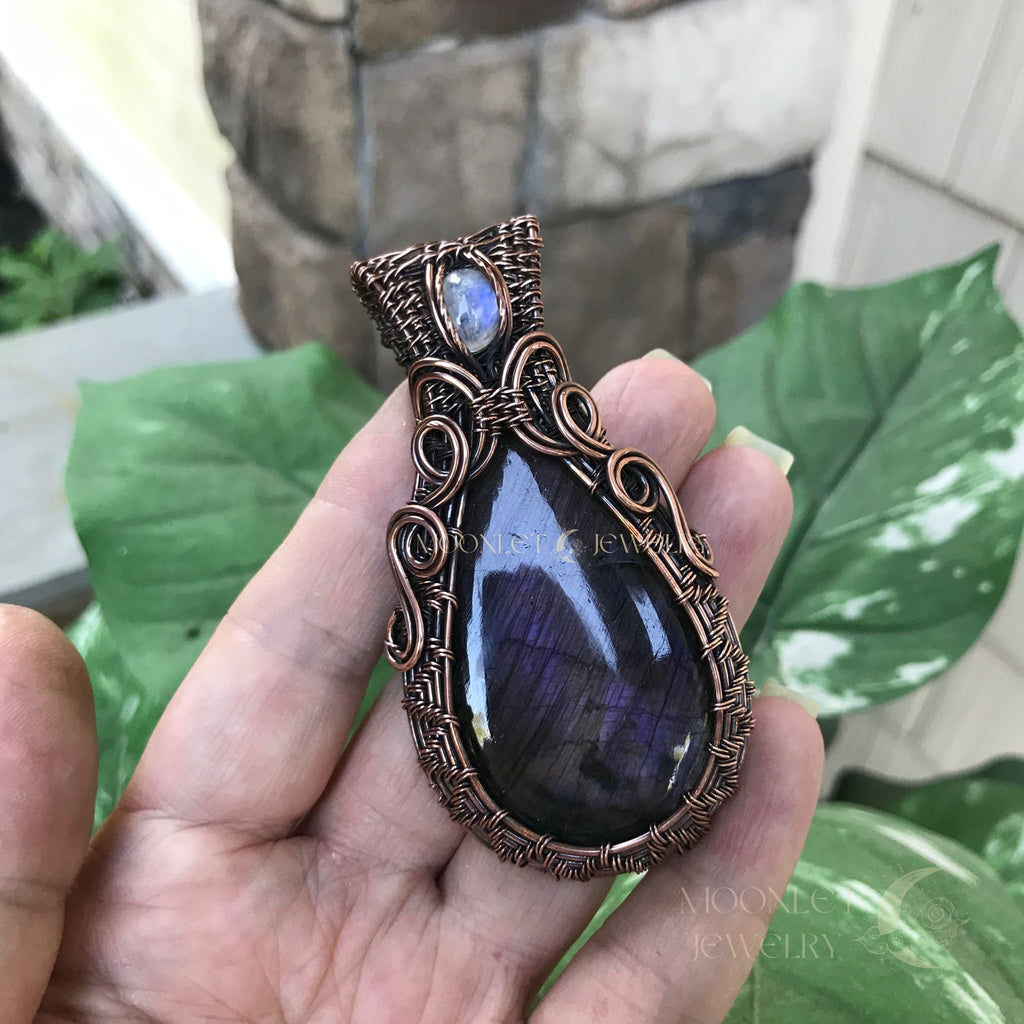 purple labradorite teardrop moonstone swirls wire weave pendant moonlet jewelry