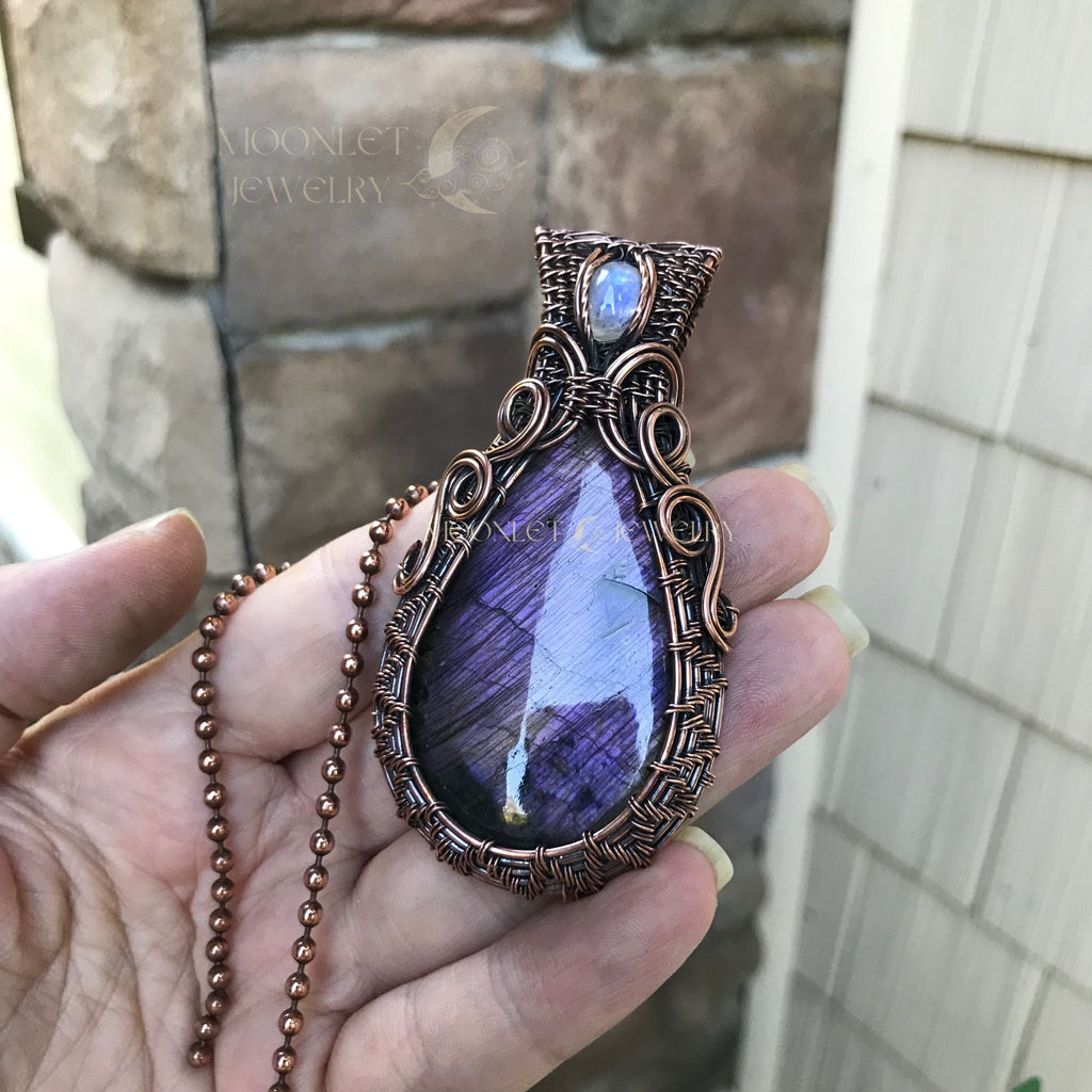 purple labradorite teardrop moonstone swirls wire weave pendant moonlet jewelry