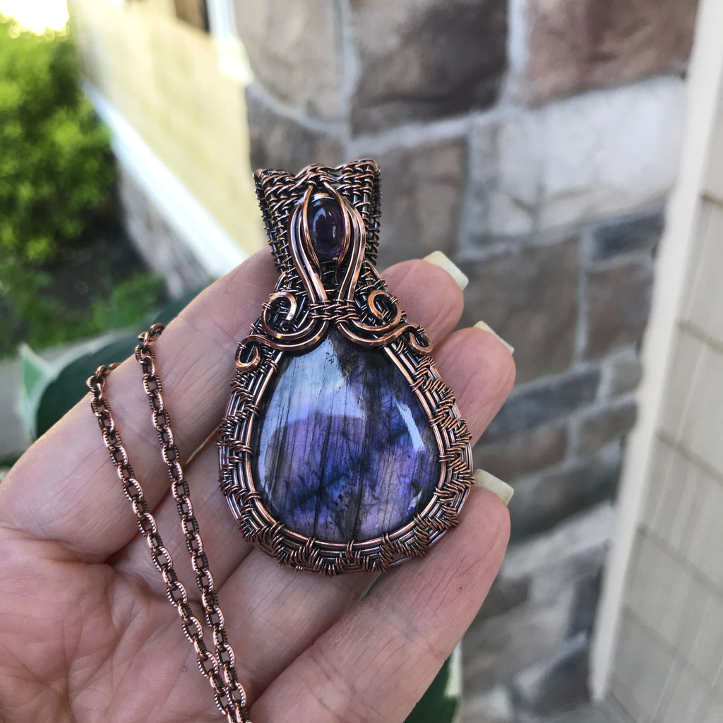 purple labradorite amethyst wire weave copper pendant