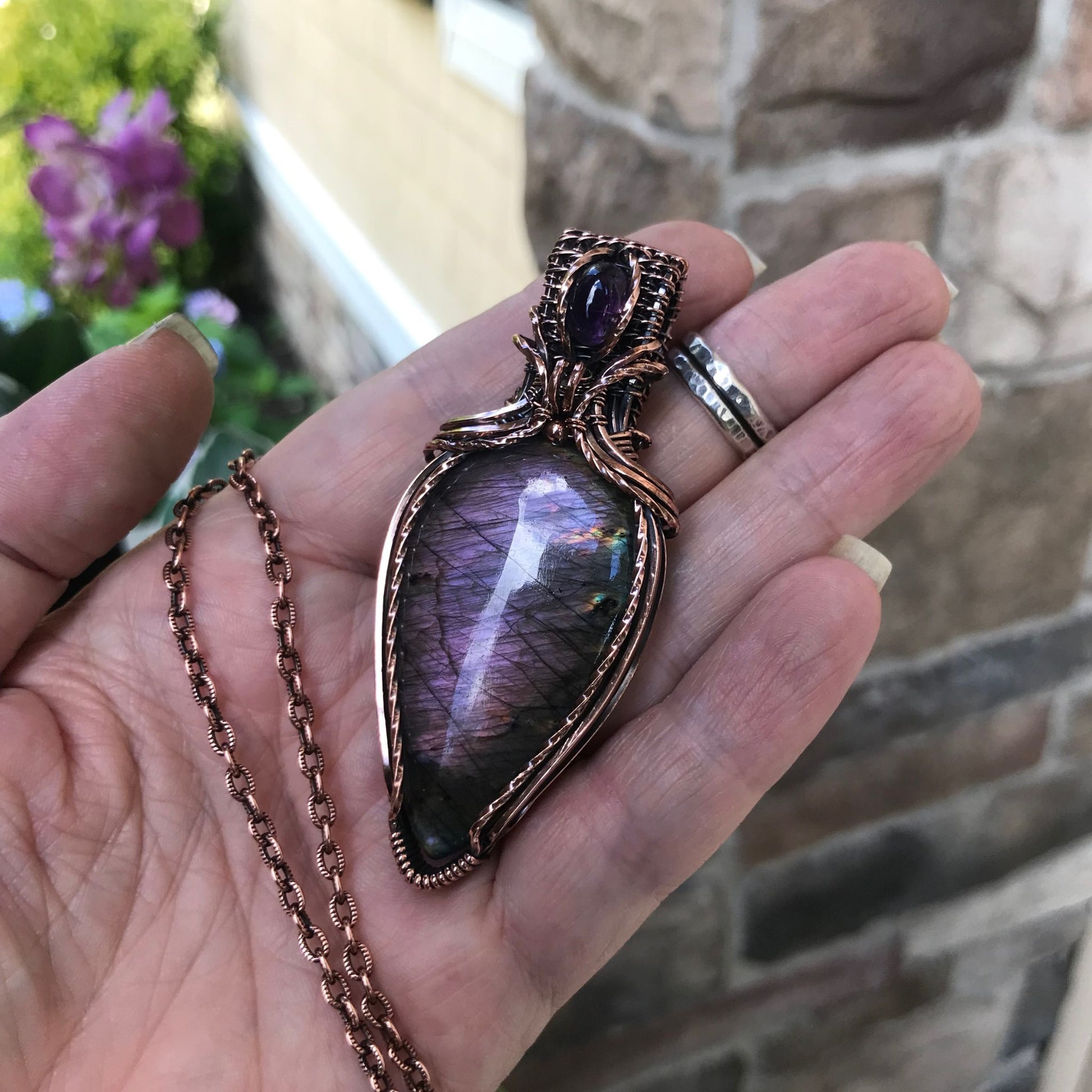 Purple Labradorite & Amethyst Copper Pendant with Woven Bail