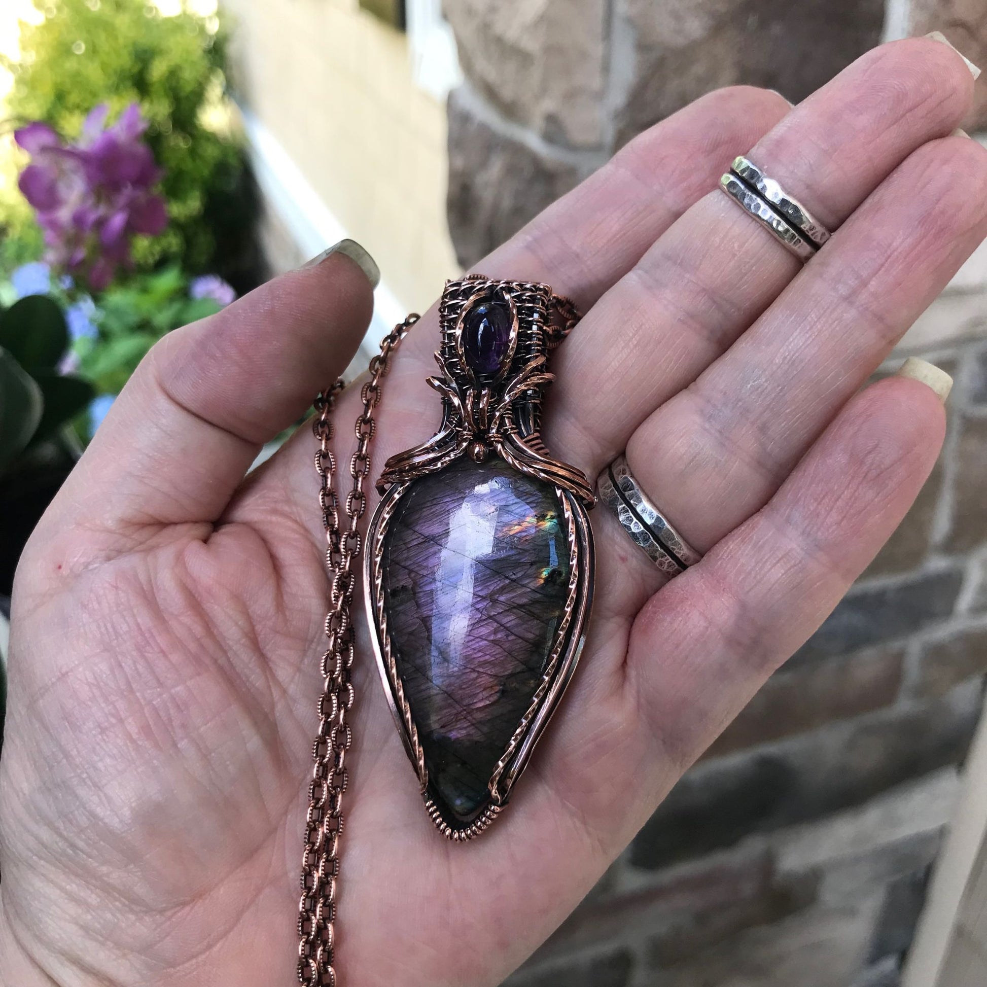 Purple Labradorite & Amethyst Copper Pendant with Woven Bail