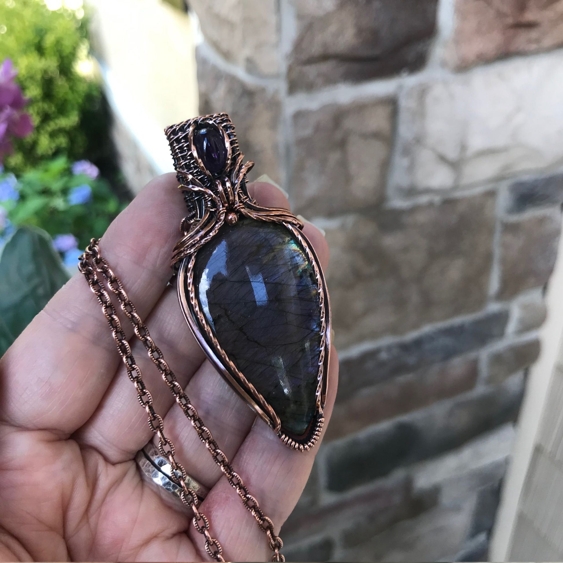 Purple Labradorite & Amethyst Copper Pendant with Woven Bail