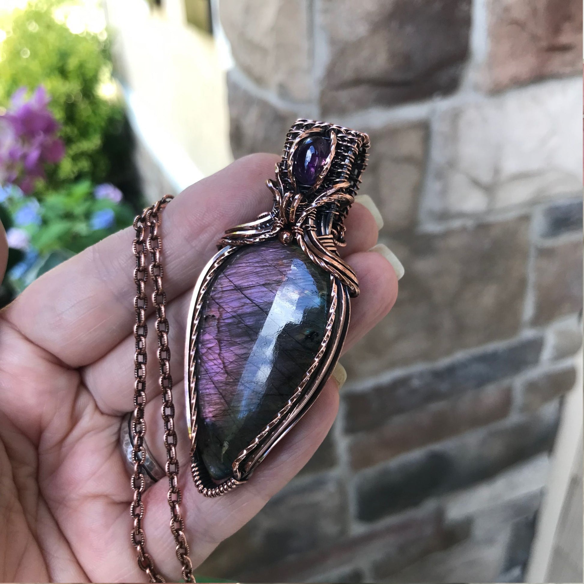 Purple Labradorite & Amethyst Copper Pendant with Woven Bail