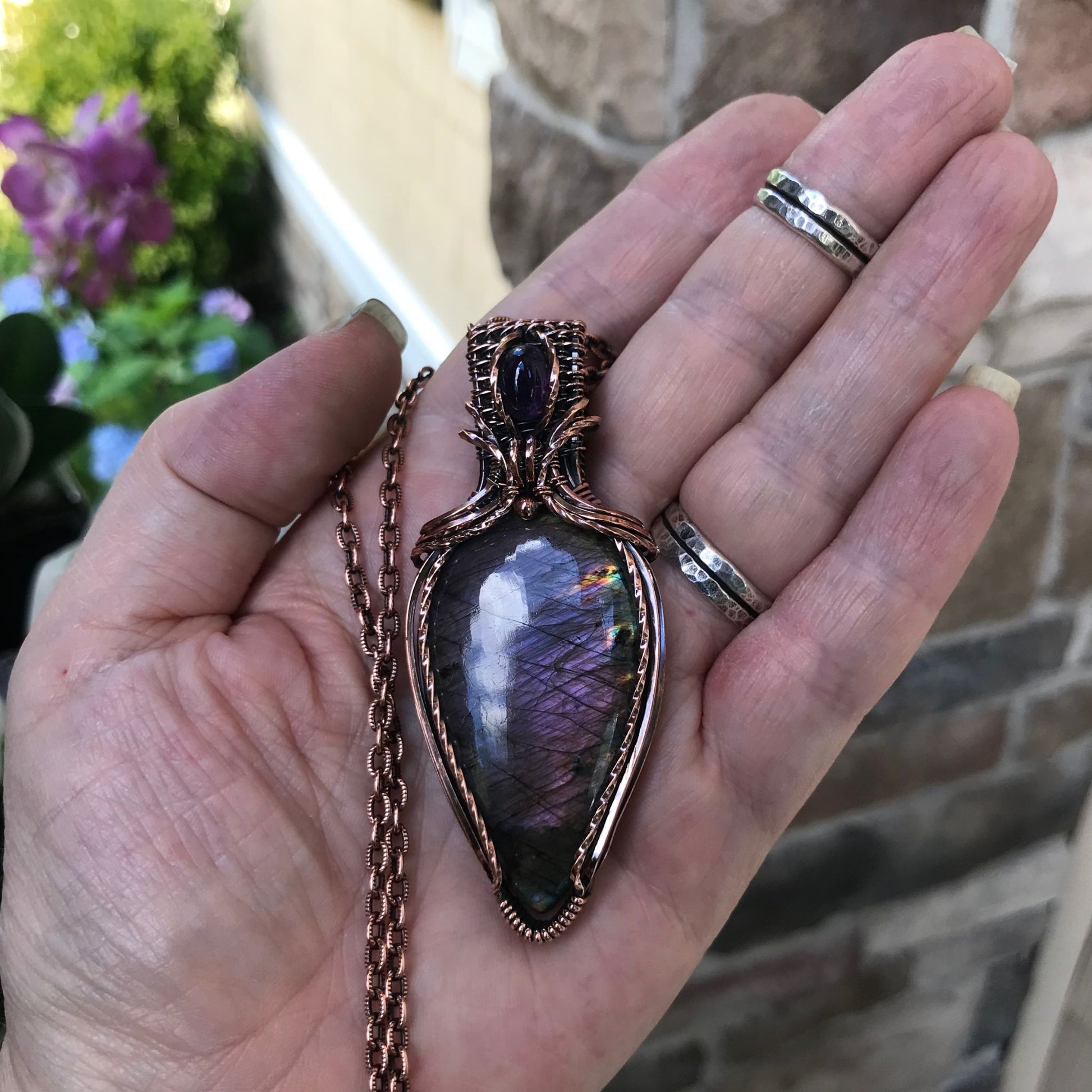 Purple Labradorite & Amethyst Copper Pendant with Woven Bail