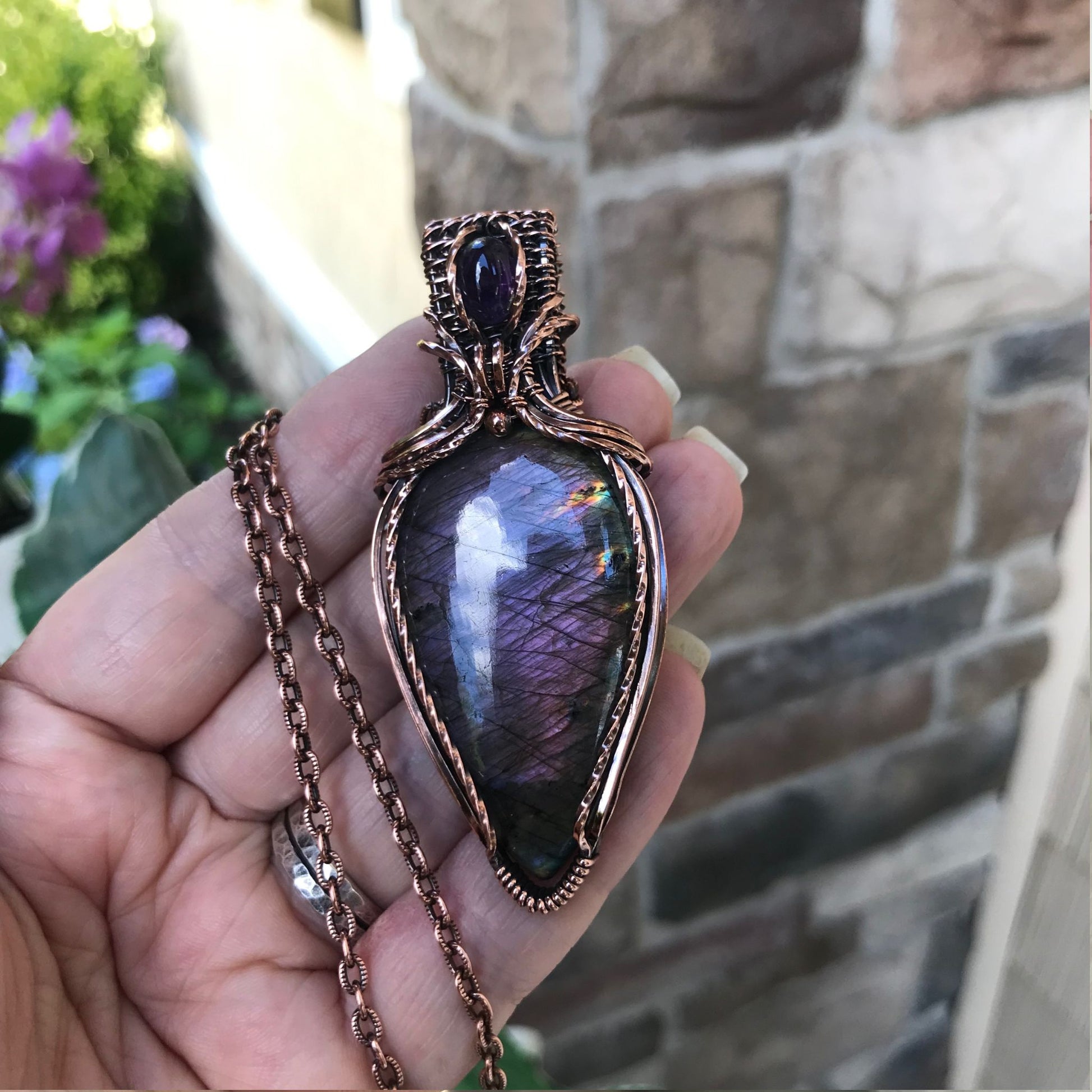 Purple Labradorite & Amethyst Copper Pendant with Woven Bail