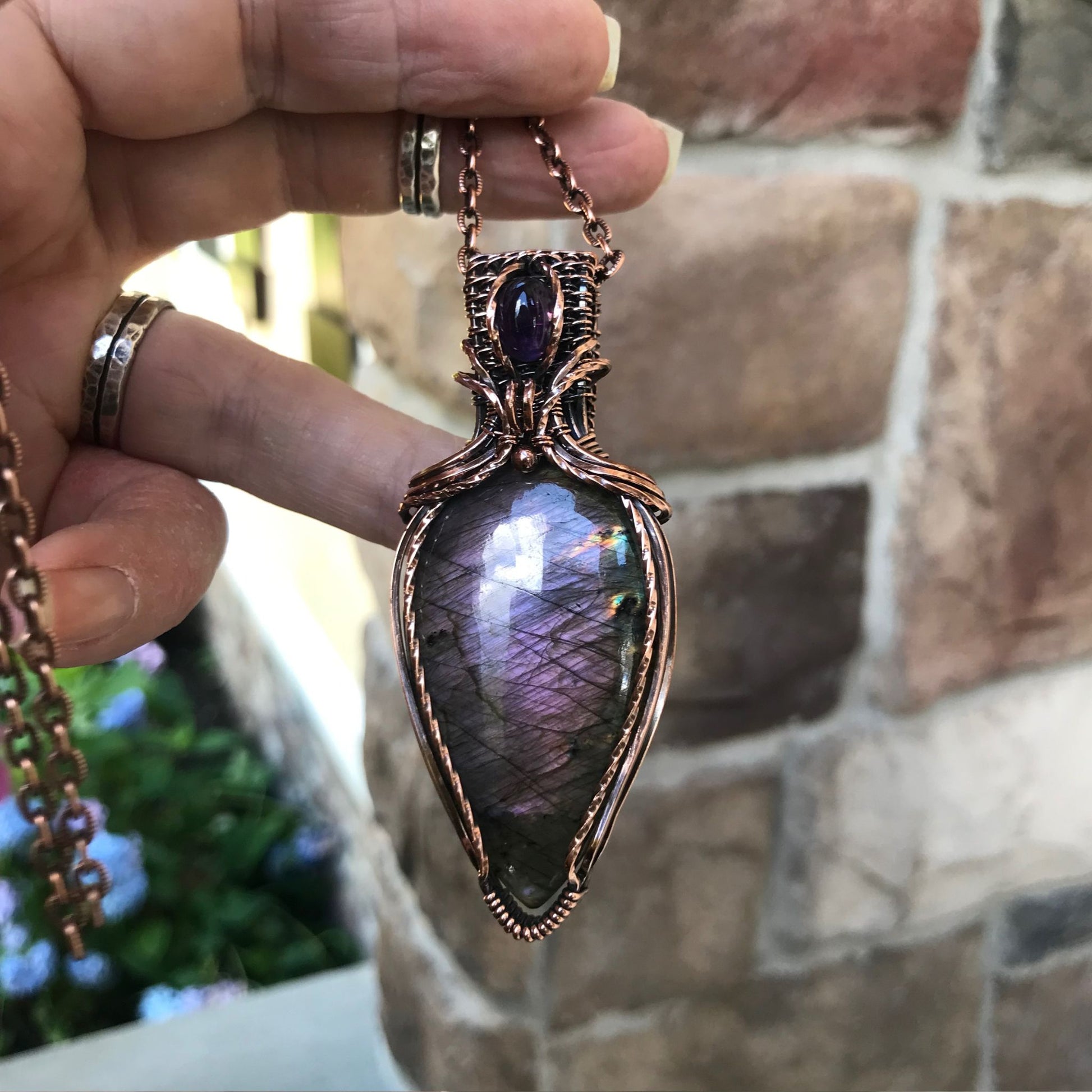 Purple Labradorite & Amethyst Copper Pendant with Woven Bail