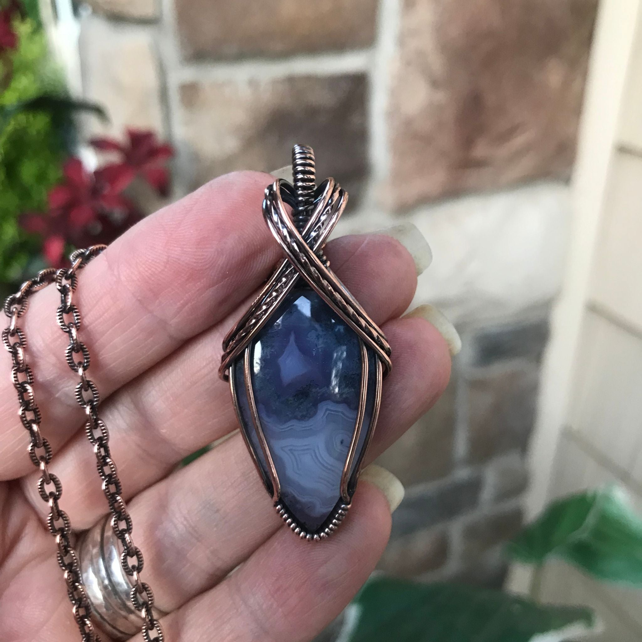 Purple moss agate chalcedony criss cross copper wire wrapped pendant by Moonlet Jewelry