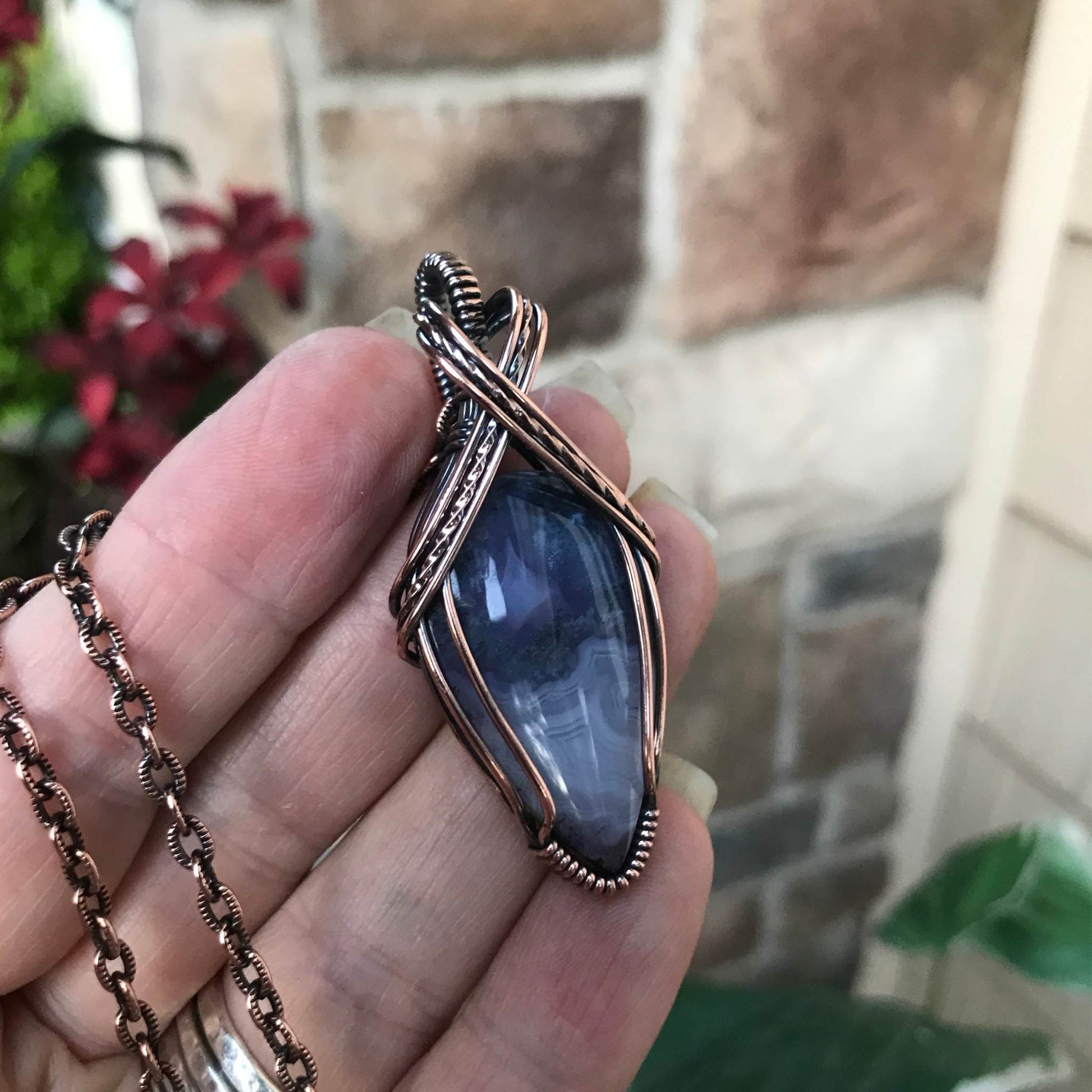 Purple moss agate chalcedony criss cross copper wire wrapped pendant by Moonlet Jewelry
