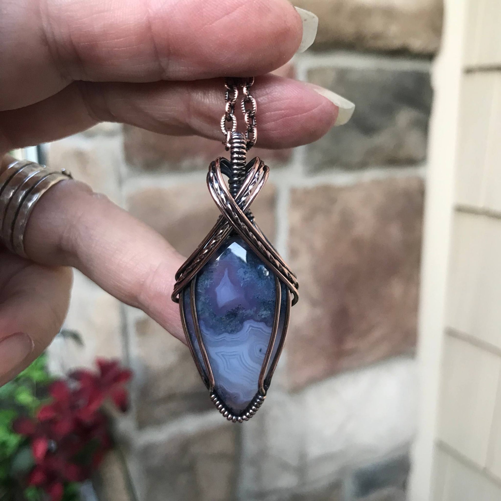 Purple moss agate chalcedony criss cross copper wire wrapped pendant by Moonlet Jewelry
