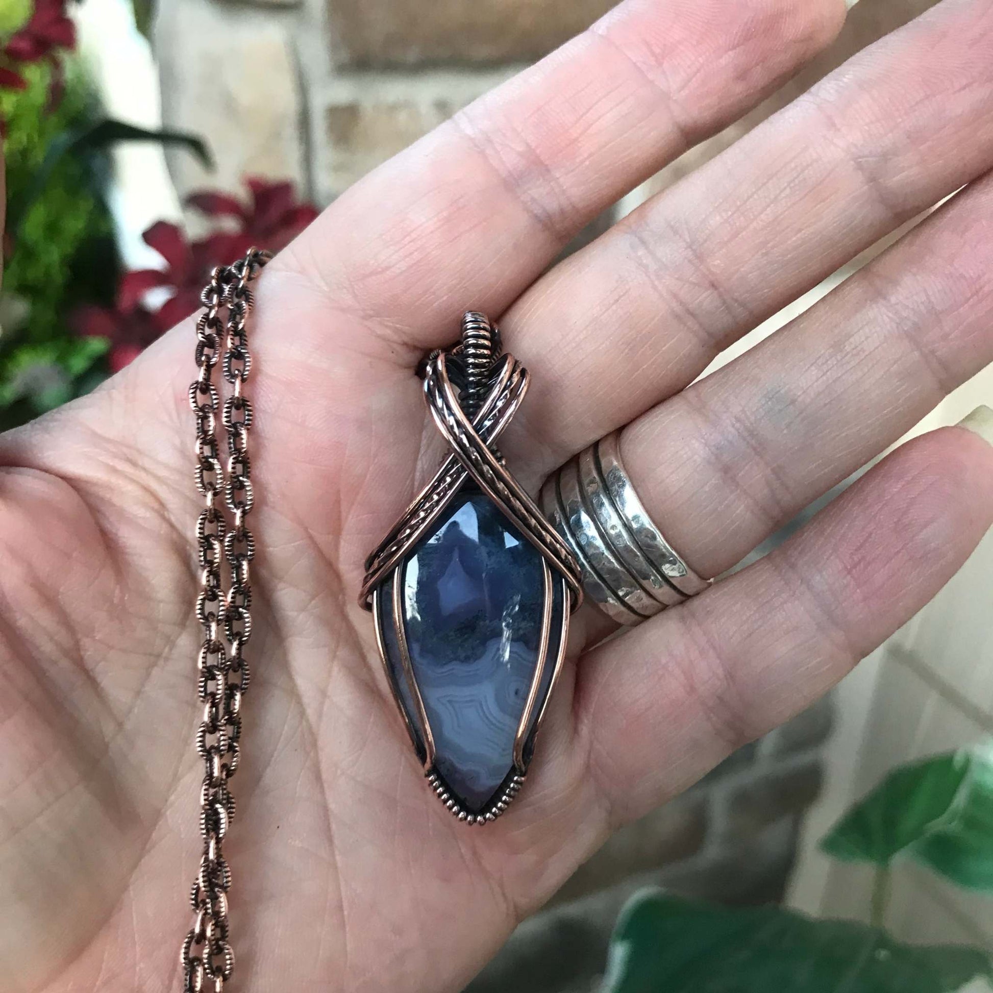 Purple moss agate chalcedony criss cross copper wire wrapped pendant by Moonlet Jewelry