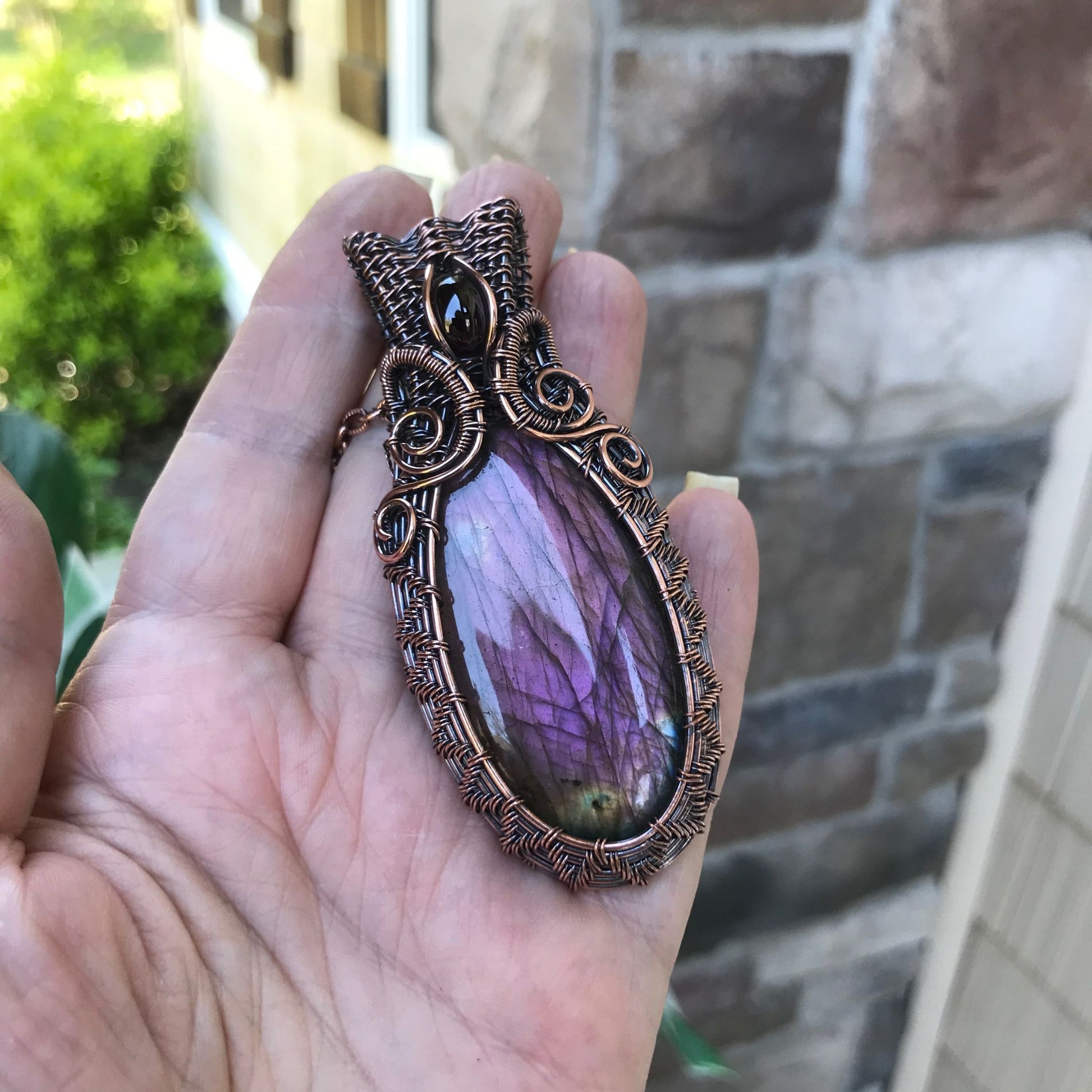 Purple Pink Labradorite & Garnet Woven Copper Pendant