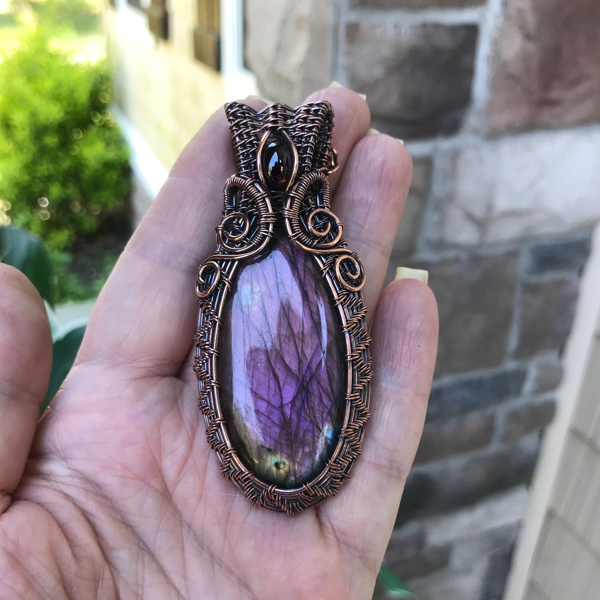 Purple Pink Labradorite & Garnet Woven Copper Pendant