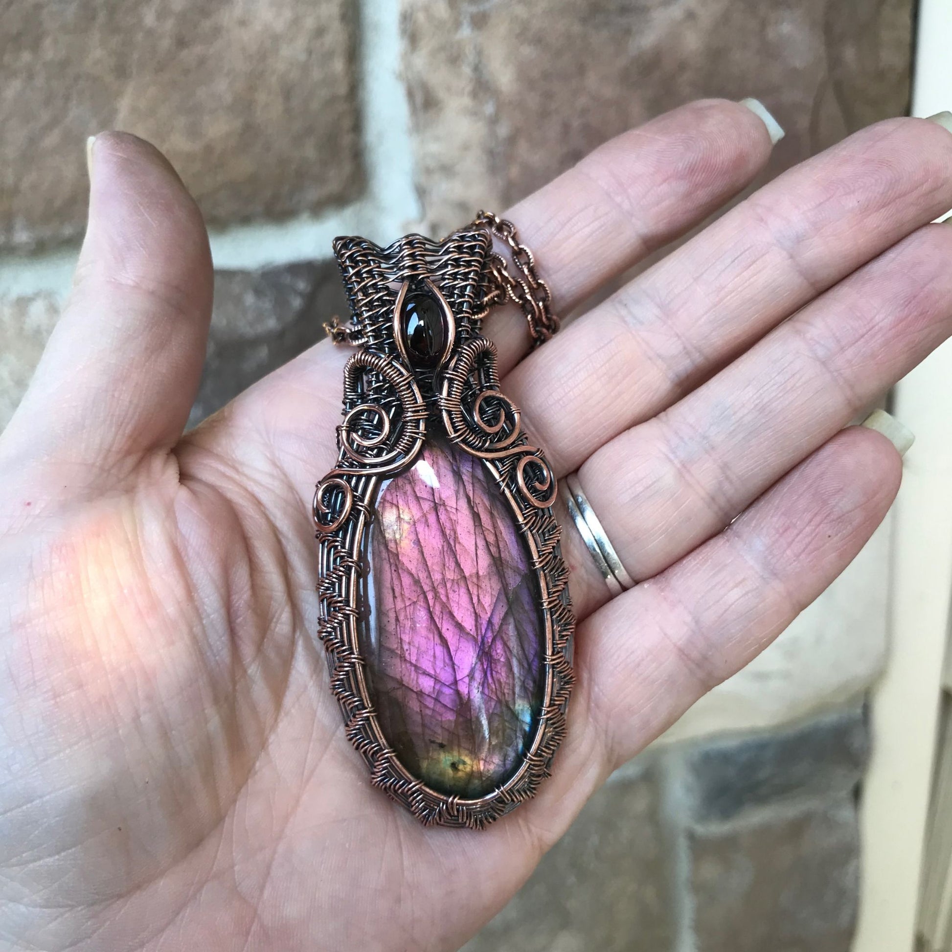 Purple Pink Labradorite & Garnet Woven Copper Pendant