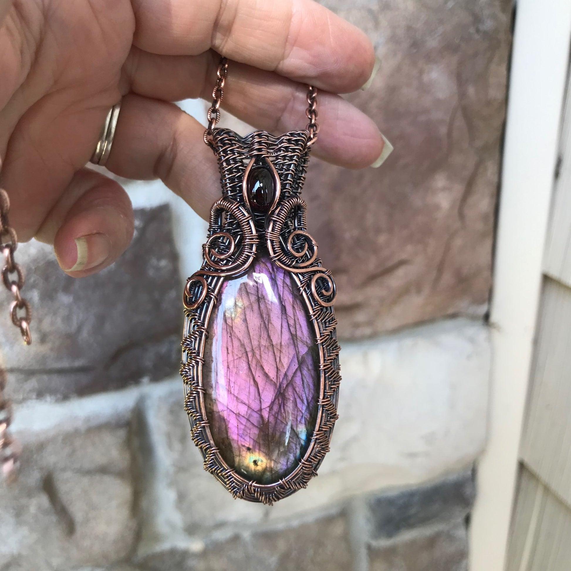 Purple Pink Labradorite & Garnet Woven Copper Pendant