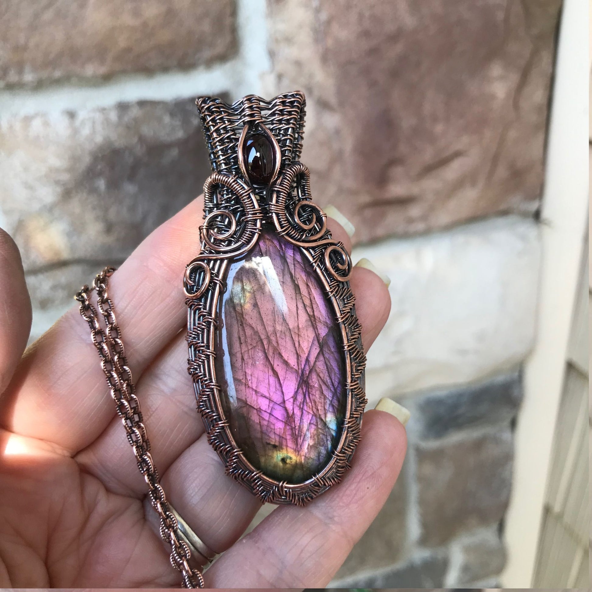 Purple Pink Labradorite & Garnet Woven Copper Pendant