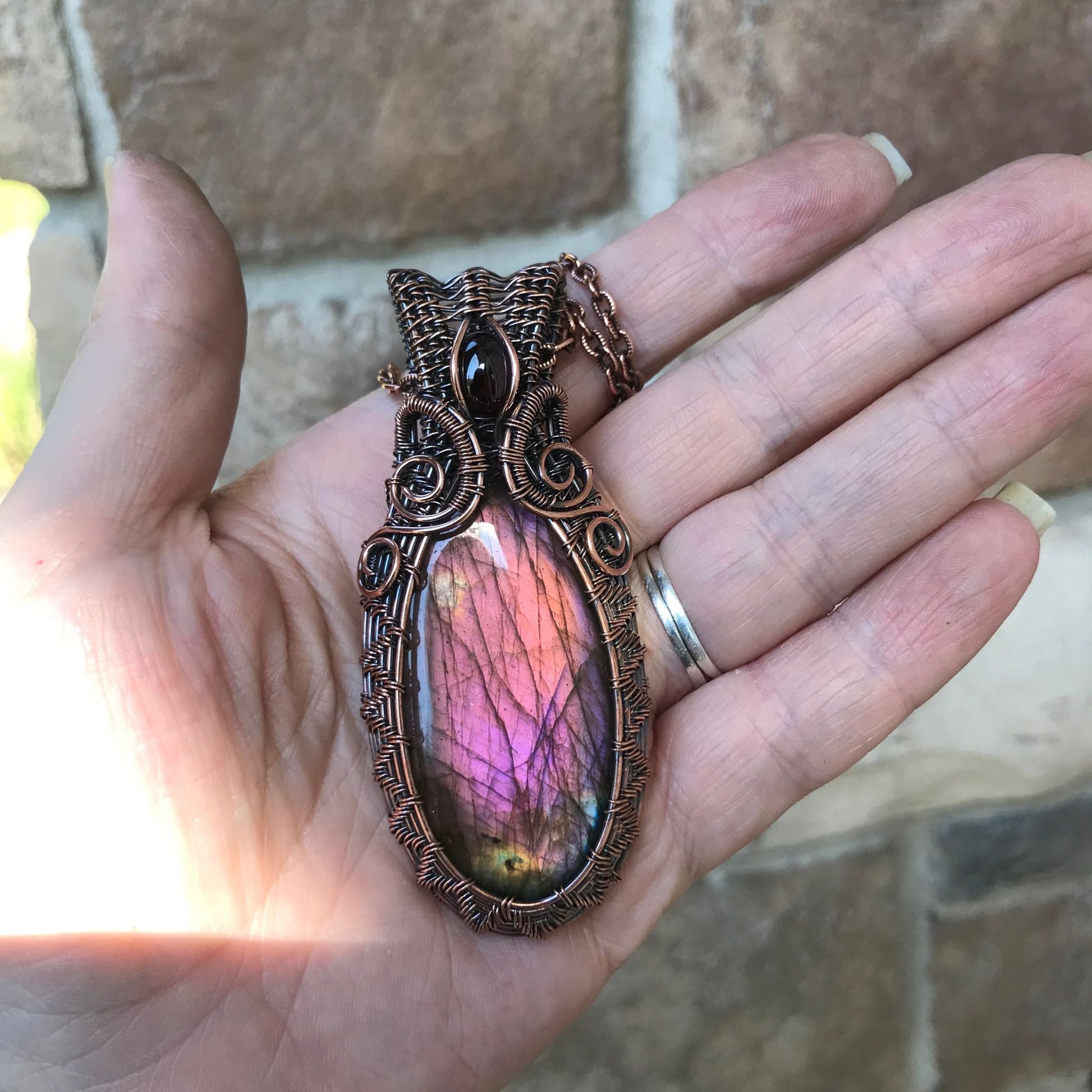 purple pink peach labradorite garnet wire weave pendant